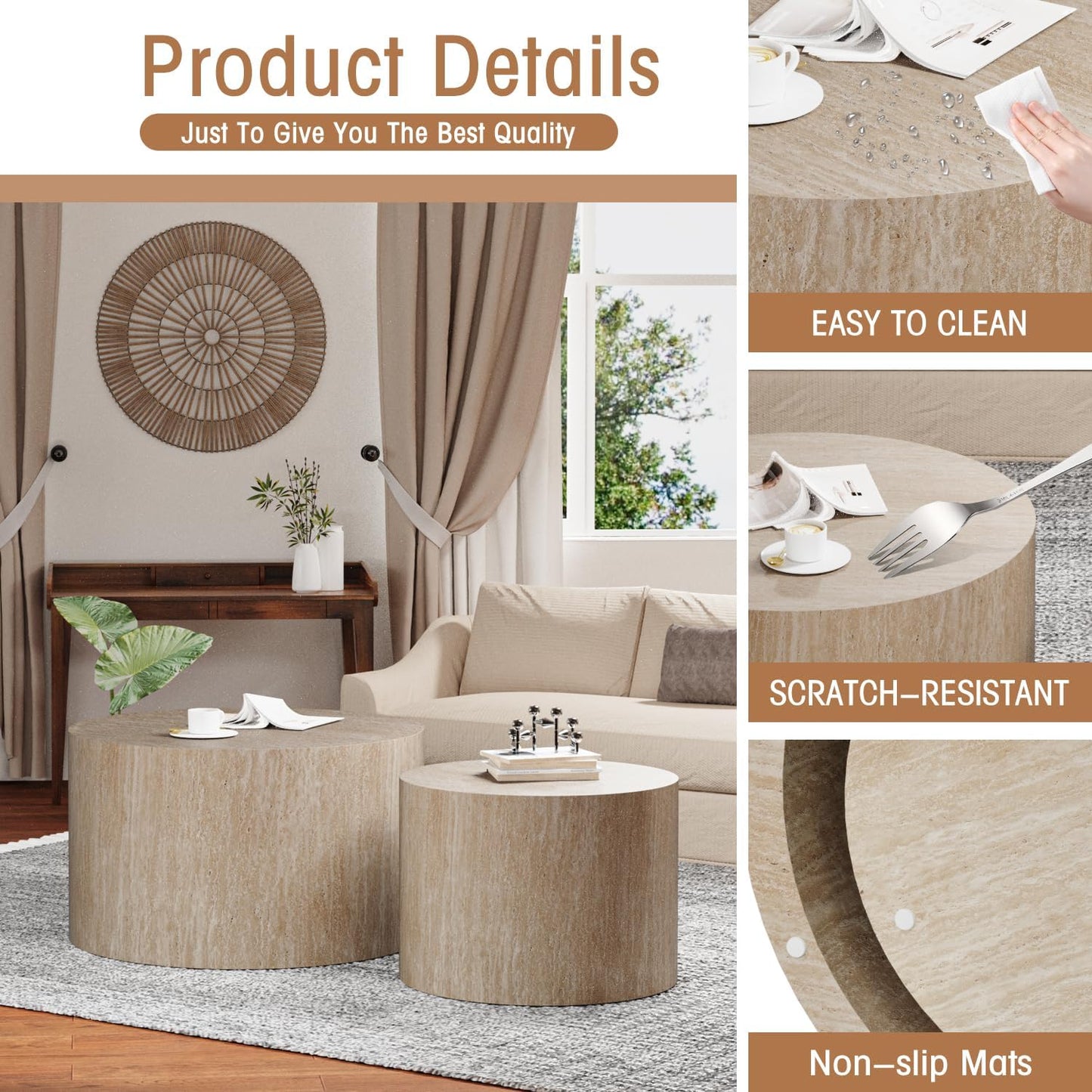 Round Nesting Coffee Table Set of 2 Modern Wood Coffee Tables Handcraft Drum Coffees Table Farmhouse Round Sofa Side Tables End Table for Living Room Small Spaces, No Assembling (Travertine Large)