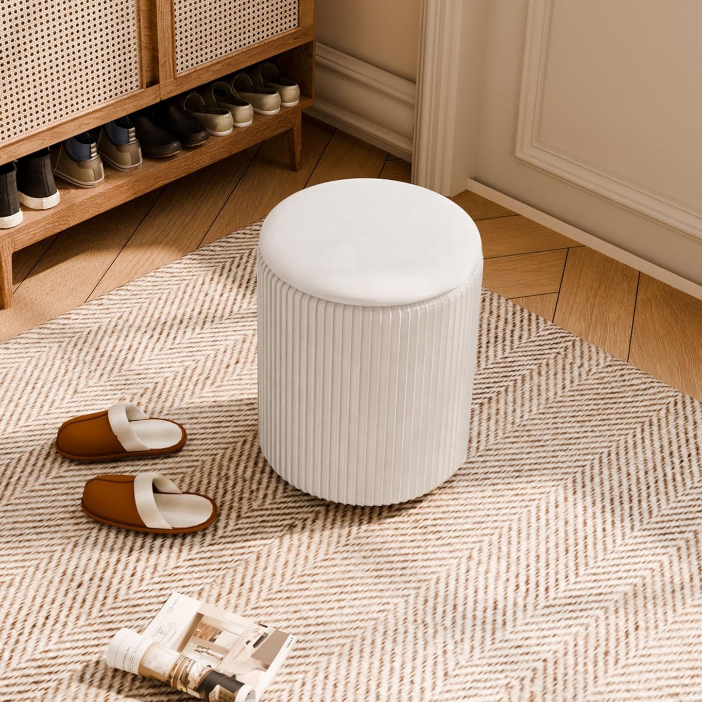 Ottoman with Storage Set of 2, Velvet Storage Ottoman, Upholstered Sponge Vanity Stool Support 300lbs, Multifunctional Coffee Table Foot Rest Ottomans for Living Room Bedroom, White