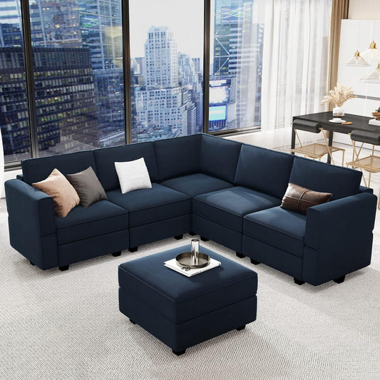 Belffin Modular Sectional Sofa with Storage Seats Velvet L Shaped Corner Couch Convertible Sectional Sofa with Chaise (Blue, L Shape-1)…