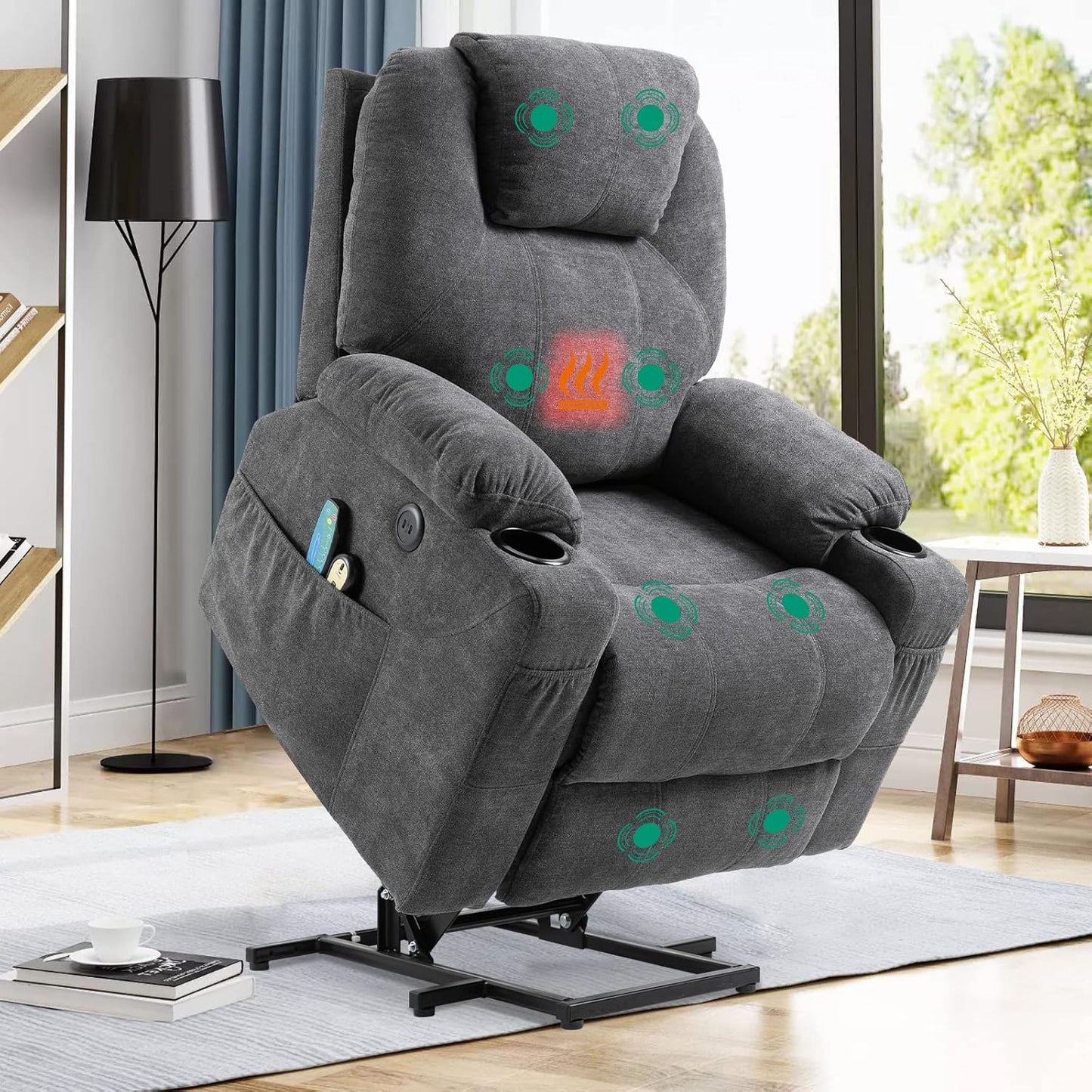 VIVIJASON Power Lift Chair Electric Recliner for Elderly Heated Vibration Massage Fabric Recliner Chair with 2 Remote Controls, Cup Holders, Side Pockets & USB Ports for Living Room (Grey)