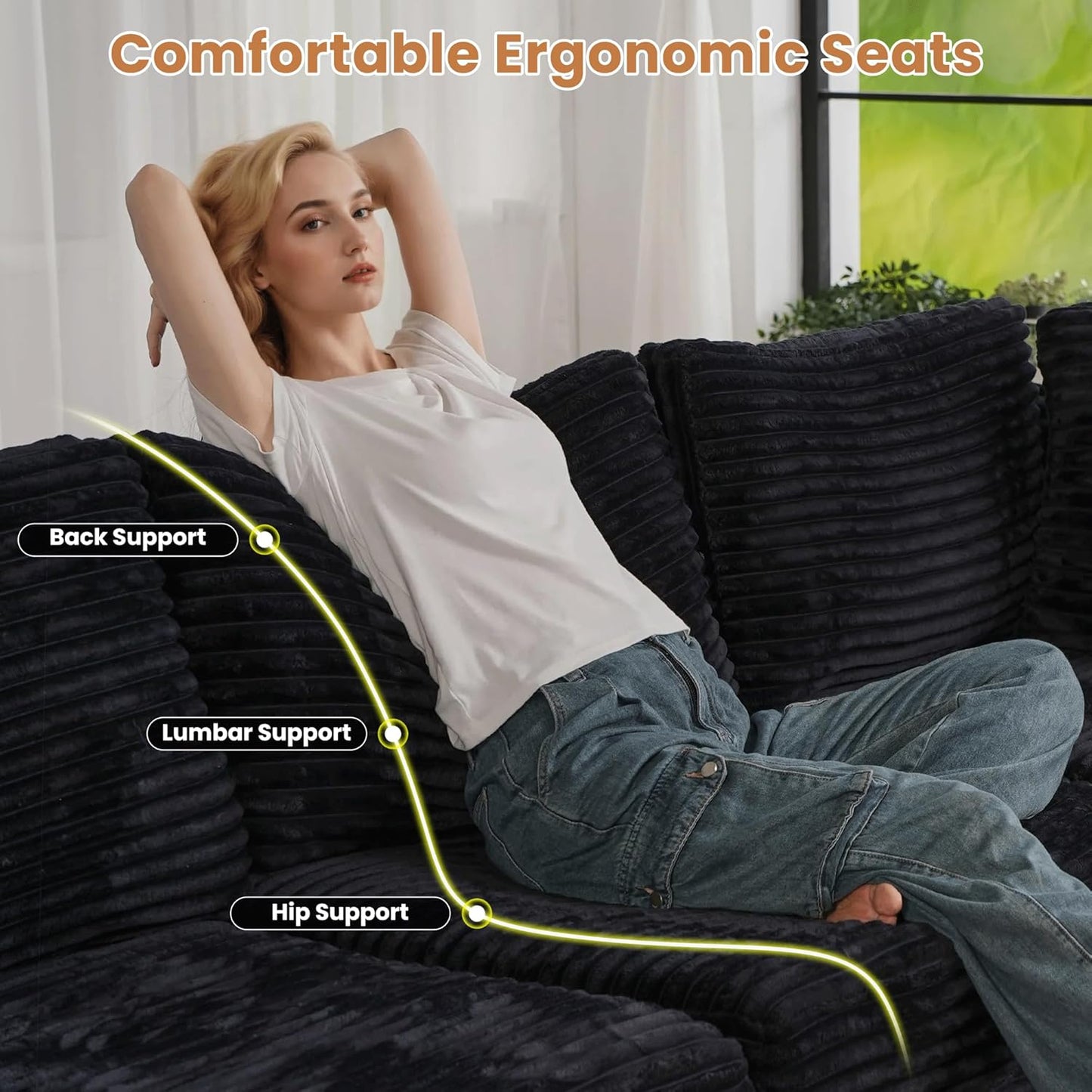 ovios Sectional Sofa Couch with U-Shape Chaise Ottomans, Comfy Modular Cloud Couches with Deep Seat, Modern Upholstered Plush Corduroy Sofas Set for Living Room, 6-Seater, Black