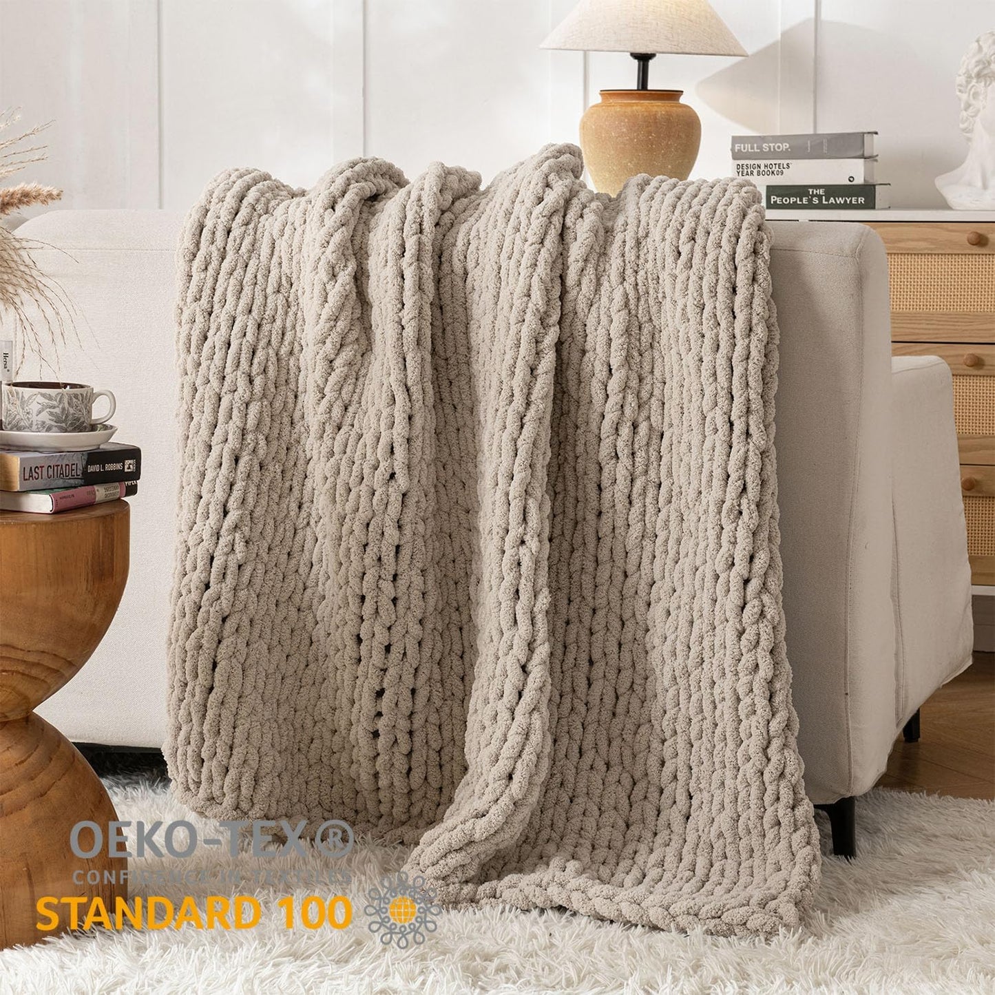 Chunky Knit Blanket Throw, 100% Hand Knit Throw Blanket Handmade Chenille Cable Knit Throw for Couch, Stylish Cozy Soft Rope Knot Crochet Blanket for Home Decor, Beige Linen, 50x60 Inches
