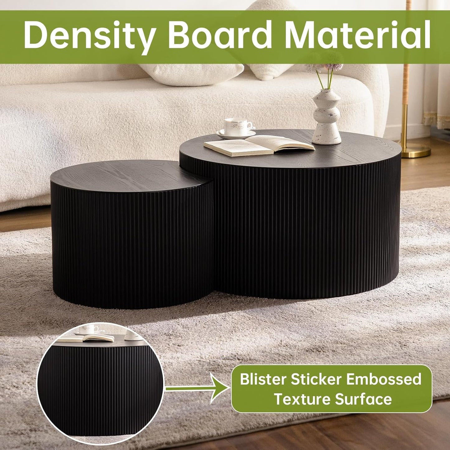 Round Nesting Coffee Table Modern Black Fluted Coffee Table Set of 2 for Living Room Circle Drum Coffee Tables Round Nesting Tables Crescent Side Accent End Table for Small Space (Black A 27in)