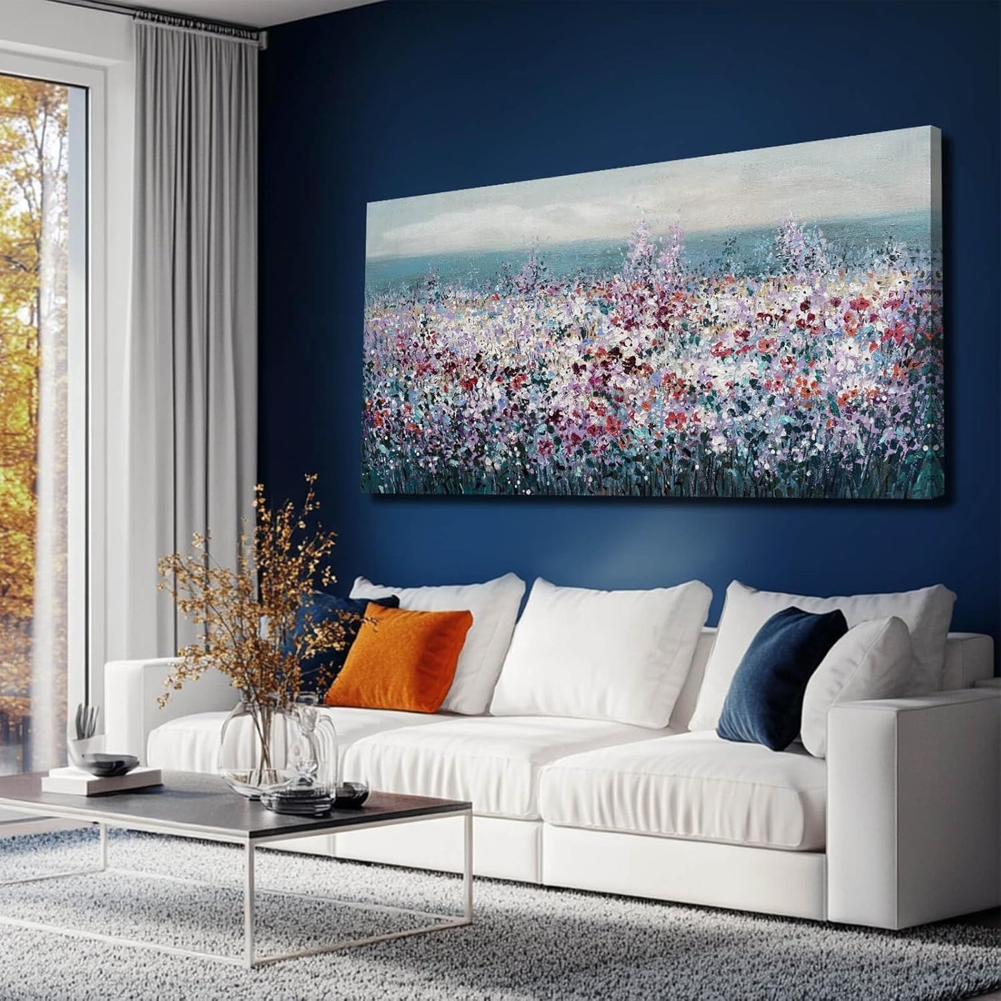 CHUDANHAO Blue Coastal Wall Art Colorful Wall Decor Flowers Canvas Prints for Office 29x58 Inch Large Landscape Painting for Living Room Bedroom