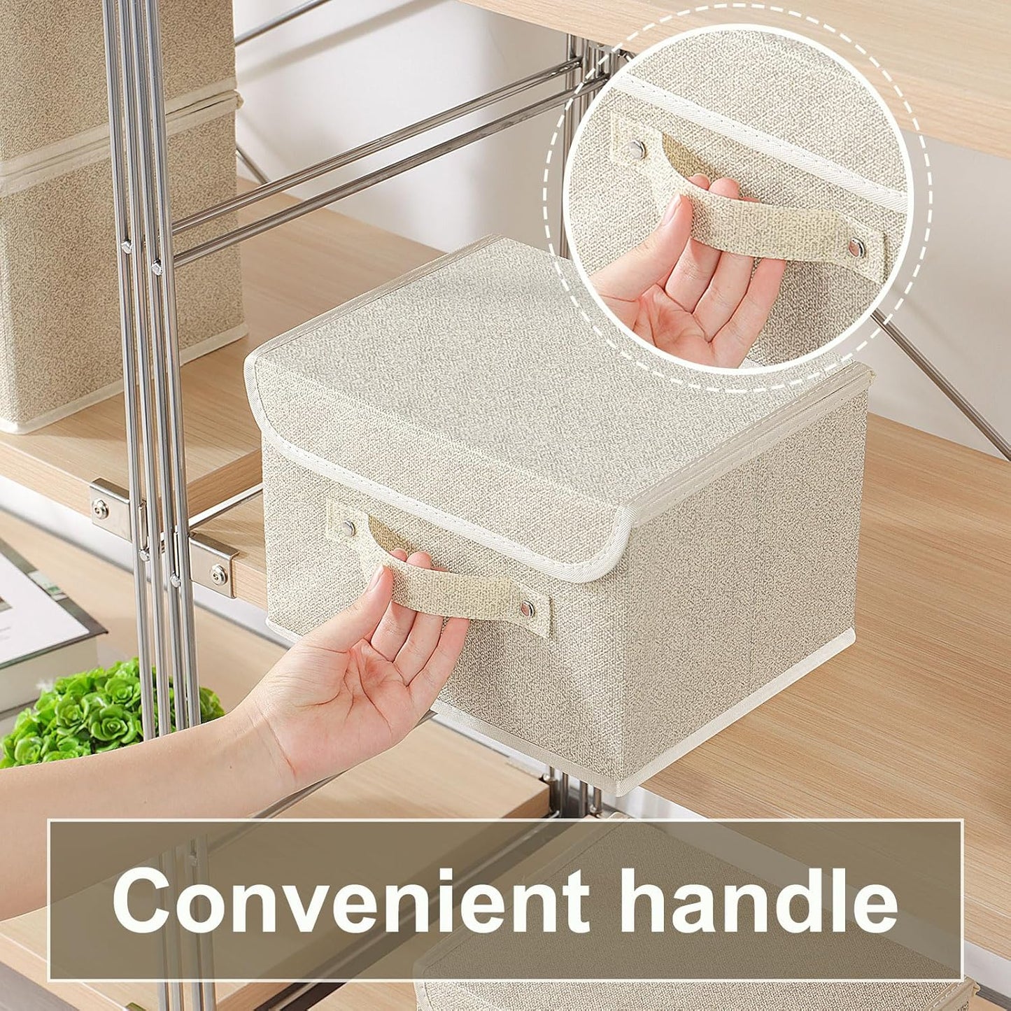 Storage Boxes, Collapsible Storage Bins with Lids, Cotton and linen cloth Storage Baskets with Handle, for Books, Closet, Bedroom, Home, 10.2x7.9x6.7 in, Grey and Beige