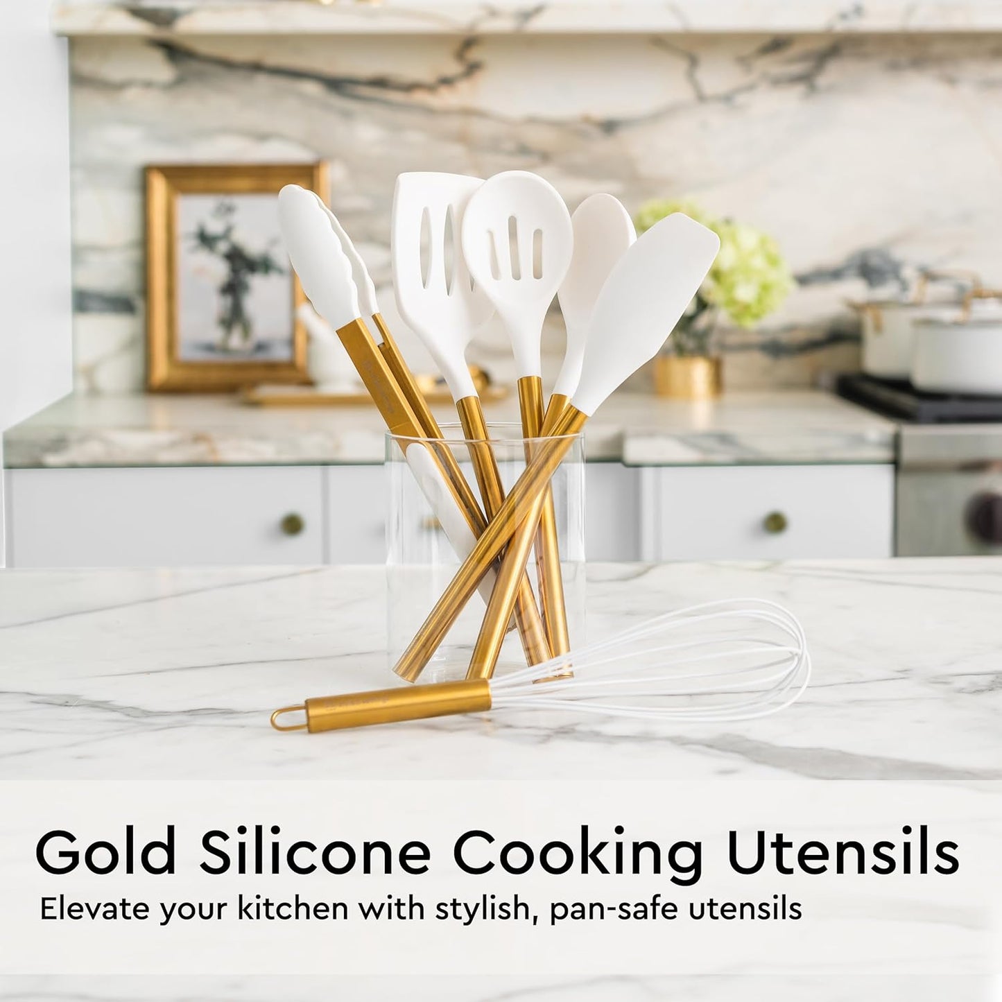 Gold Kitchen Utensils Set - 19-Piece Set Includes Stainless Steel Gold Utensils, White Silicone Tools, and Measuring Cups and Spoons - Luxury Kitchen Accessories for Modern Cooking, Serving, & Gifting