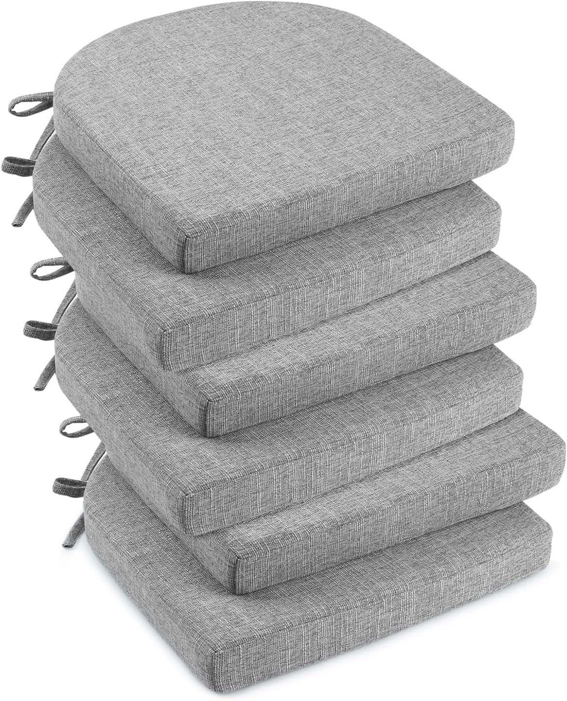 downluxe Indoor Chair Cushions for Dining Chairs, Soft and Comfortable Textured Foam Kitchen Chair Pads with Ties and Non-Slip Backing, 16" x 16" x 2", Light Grey, 6 Pack