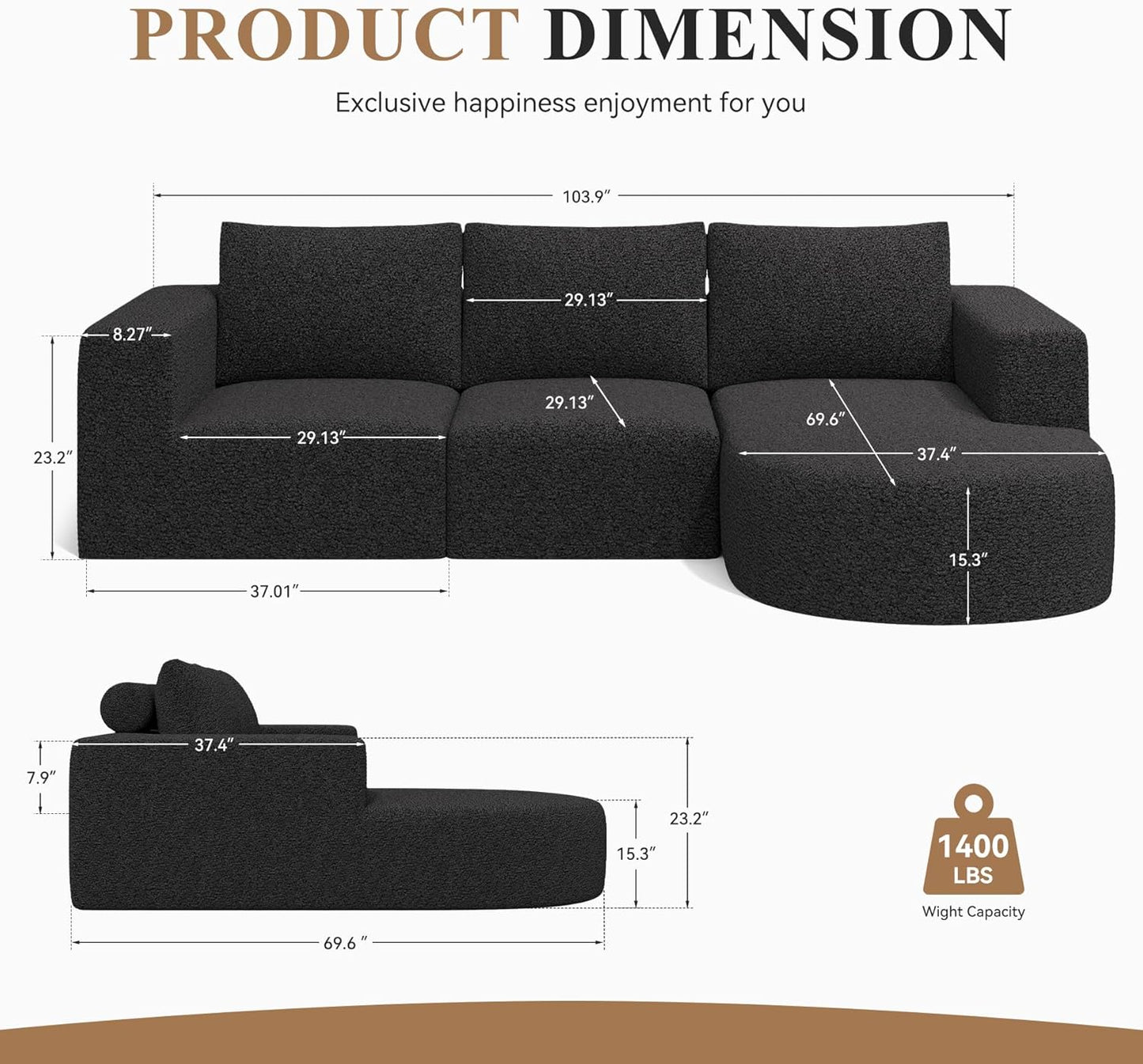 Modular Sectional Sofa with L-Shape Chaise,Cloud Sectional Modern Sleeper Couch with Deep Seat,Sponge Compression Sofas No Assembly Required(Black-Sherpa Fabric) 1PCS
