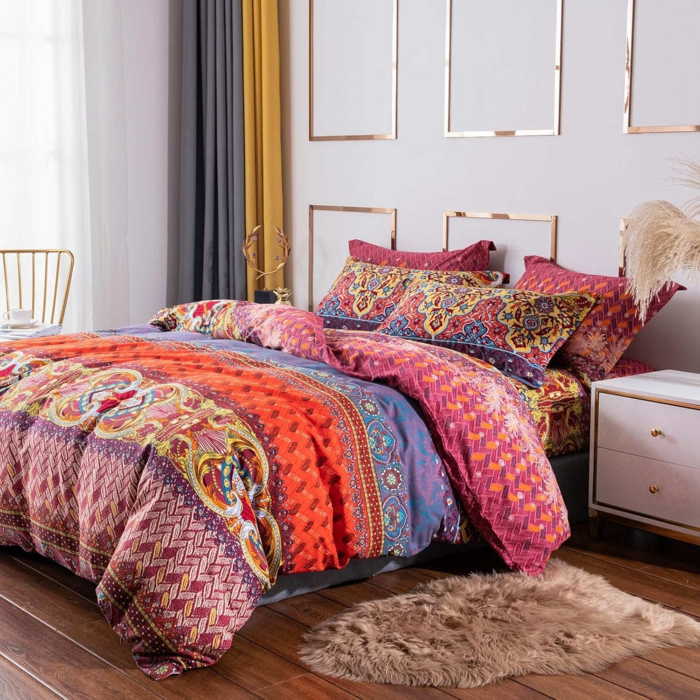 ABREEZE Bohemian Duvet Cover Set Colorful Orange Boho Retro Bedding Set Damask Paisley Cotton Duvet Cover Tribal Reversible Bedding Exotic Style Comforter Cover 3-Piece Twin