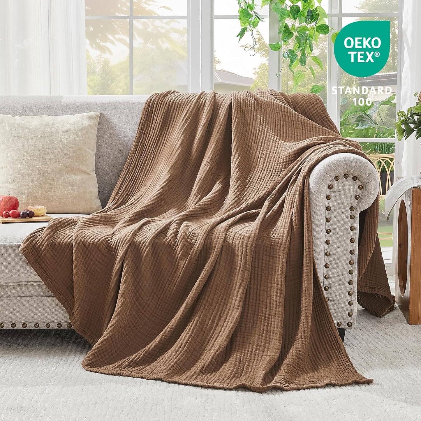EMME Cotton Muslin Large Throw Blanket Couch Breathable Gauze Blanket Soft Lightweight Bed Blankets Adults (Brown, 50"x70")