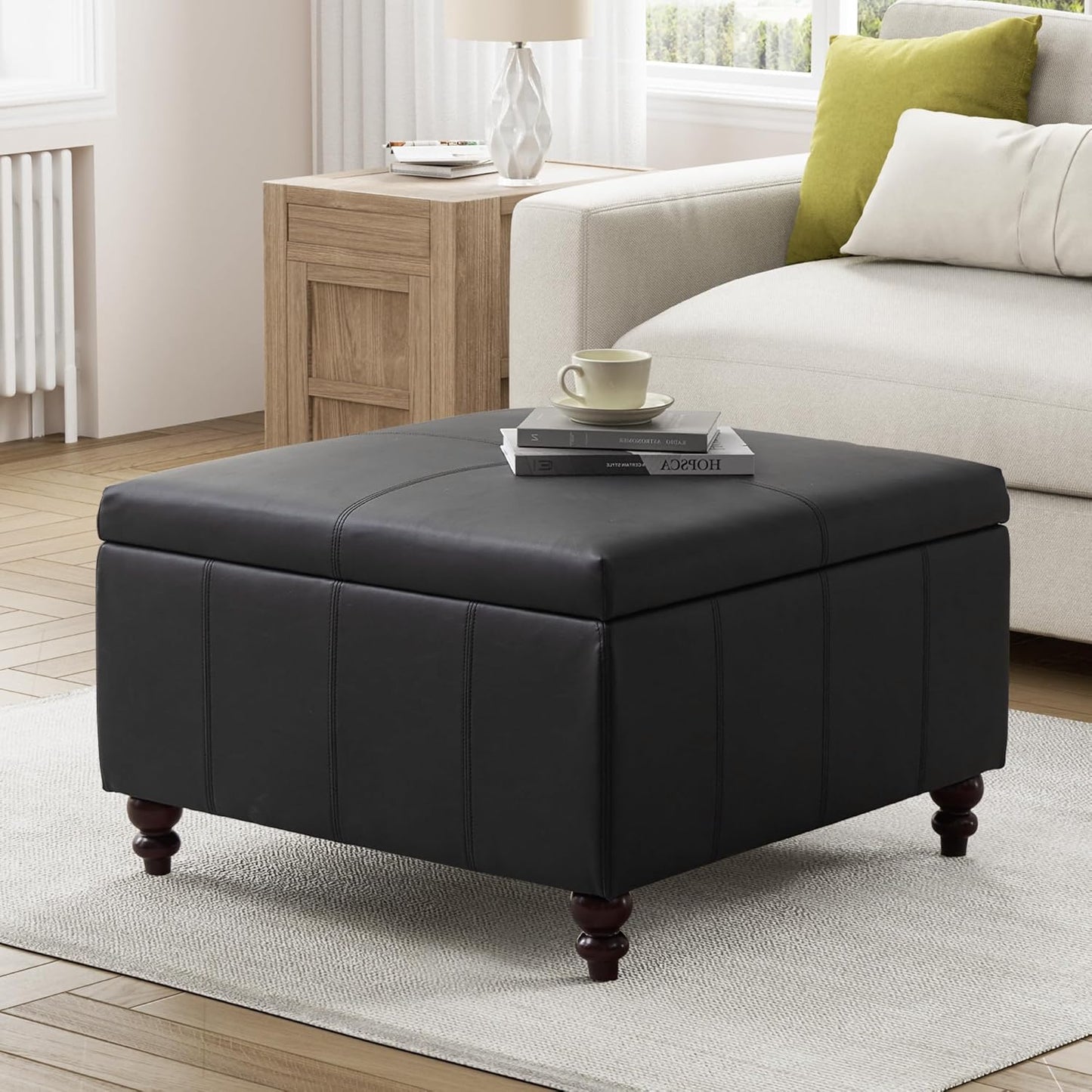 HUIMO Square Leather Storage Ottoman, Black Tufted Large Ottoman for Living Room, Coffee Table with Storage(Black)