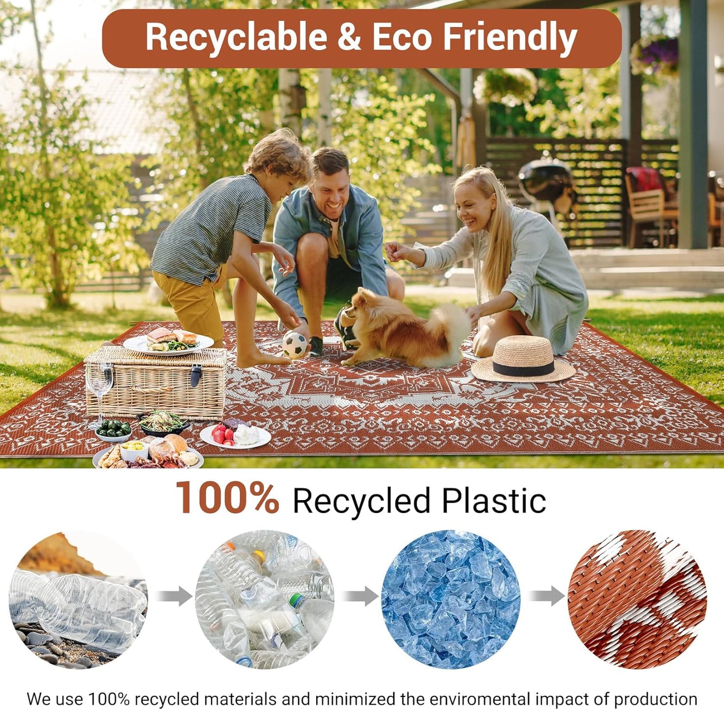 GAOMON Large Outdoor Plastic Straw Rug 10x14 Waterproof Patio Rug Reversible Foldable Portale Camping Mat with Stakes & Bag, Vintage Boho Outside Carpet for RV Garden Deck Porch, Orange Red