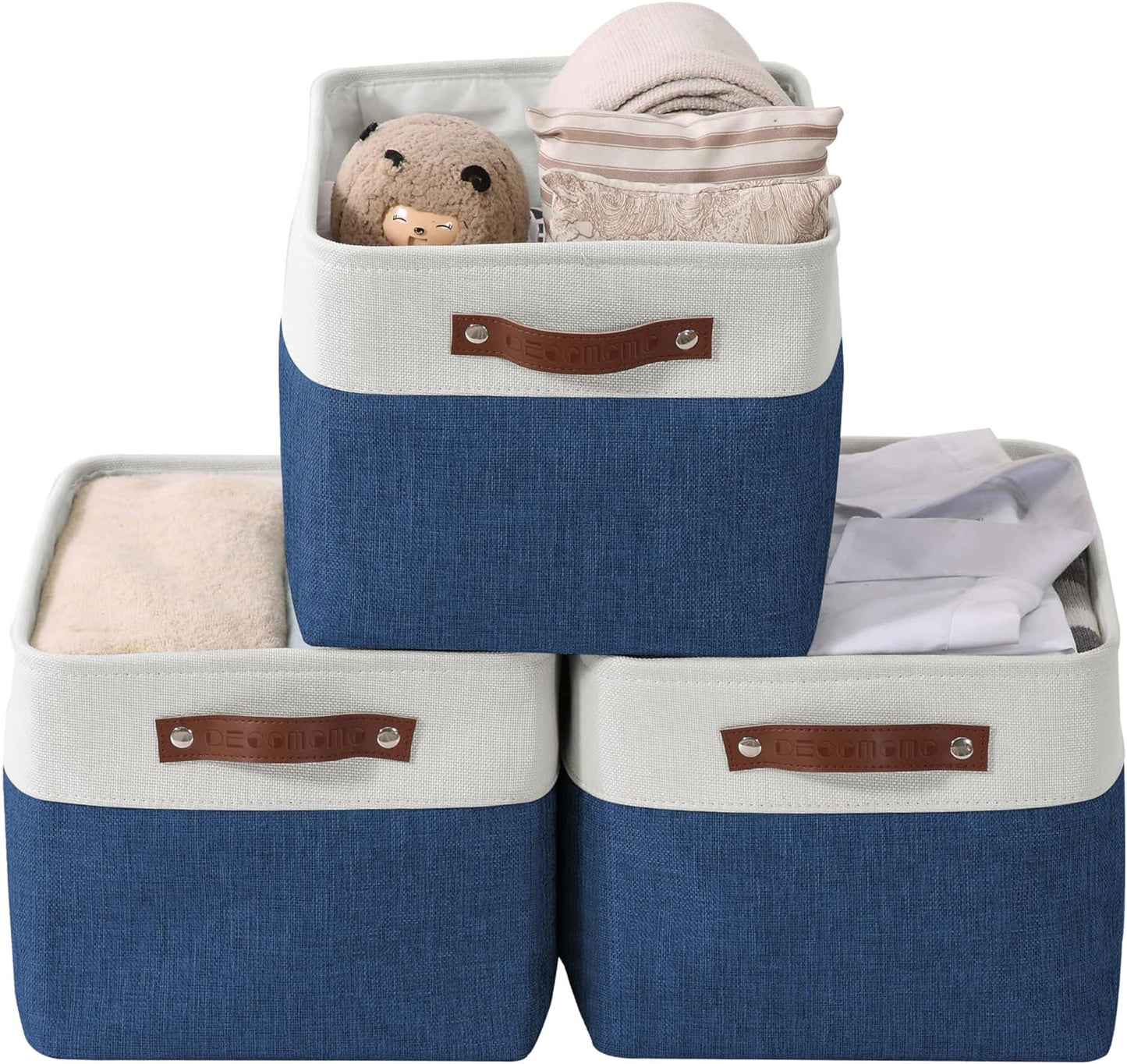 DECOMOMO Storage Bins Fabric Storage Baskets for Shelves, Linen Closet Organization Toys Nursery (Navy Blue and White, Large - 3 Pack)
