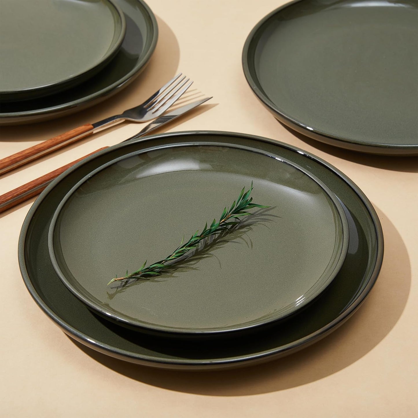 Santorini Mist Terracotta Reactive Glaze Plates and Bowls Sets, Stoneware Dinnerware Sets, Microwave and Dishwasher Safe Ceramic Dish Set Service for 4, Blackish Green