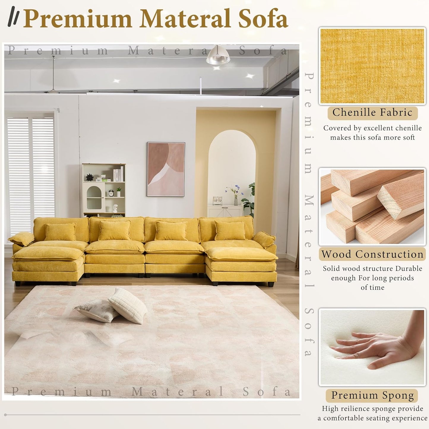 URRED Modular Sectional Sofa Comfy Cloud Couch, Modern Chenille Sofa Sleeper Deep Seat Couches with Ottoman/Pillows for Living Room (Yellow, 154'' - U Shape)