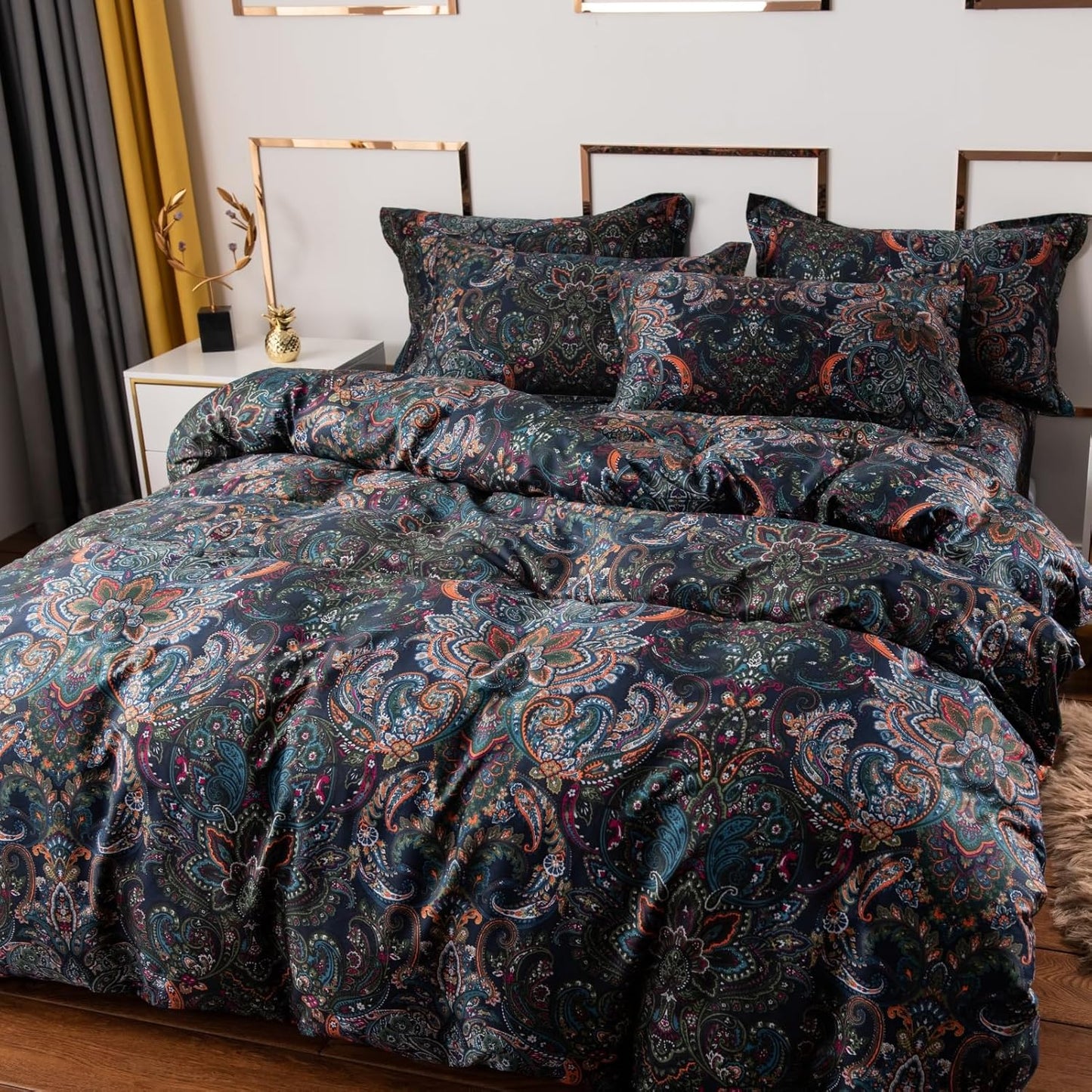 ABREEZE Luxury Vintage Black Duvet Cover Sets Damask Paisley Bedding Set Retro 100% Brushed Cotton Zipper Closure Bedding Collection Twin Size