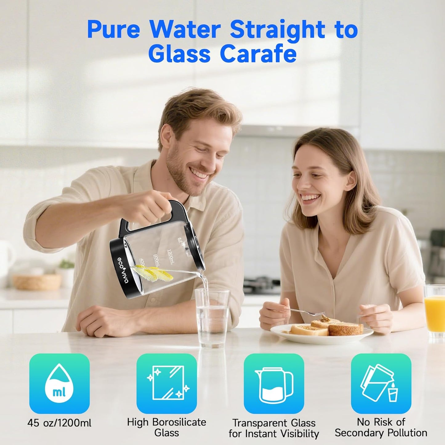 Ecoviva Countertop Reverse Osmosis Water Filter, 6 Stage RO Water Filtration System with Glass Carafe, TDS Displayr, 3:1 Pure to Drain, Portable No Installation Water Purifier White