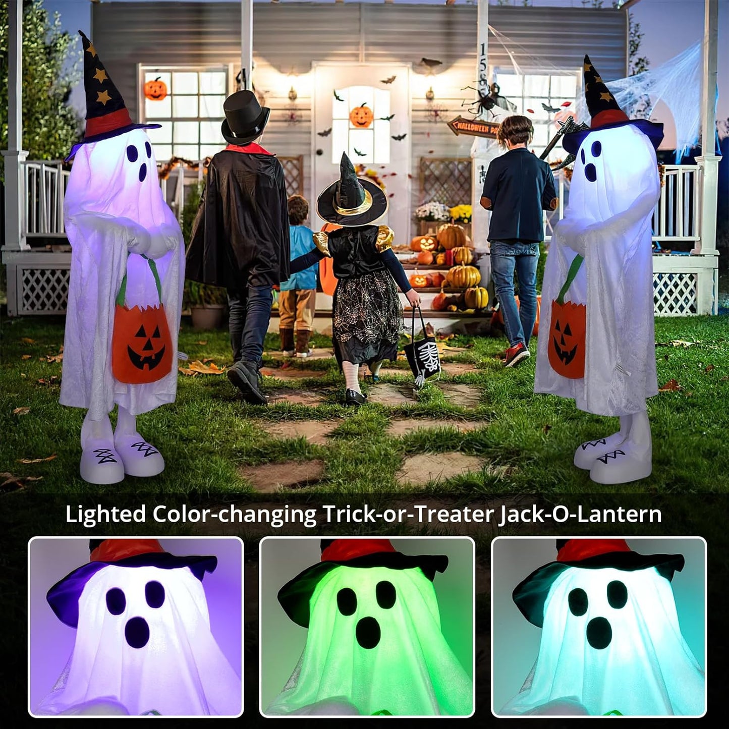 Halloween Decorations Ghost Decor Light-Up Color-Changing Spooky Ghost Porch Decorations Trick or Treater with Candy Pocket, Ghost Halloween Decor for Yard Lawn Home Indoor Outdoor 1PACK 38" H