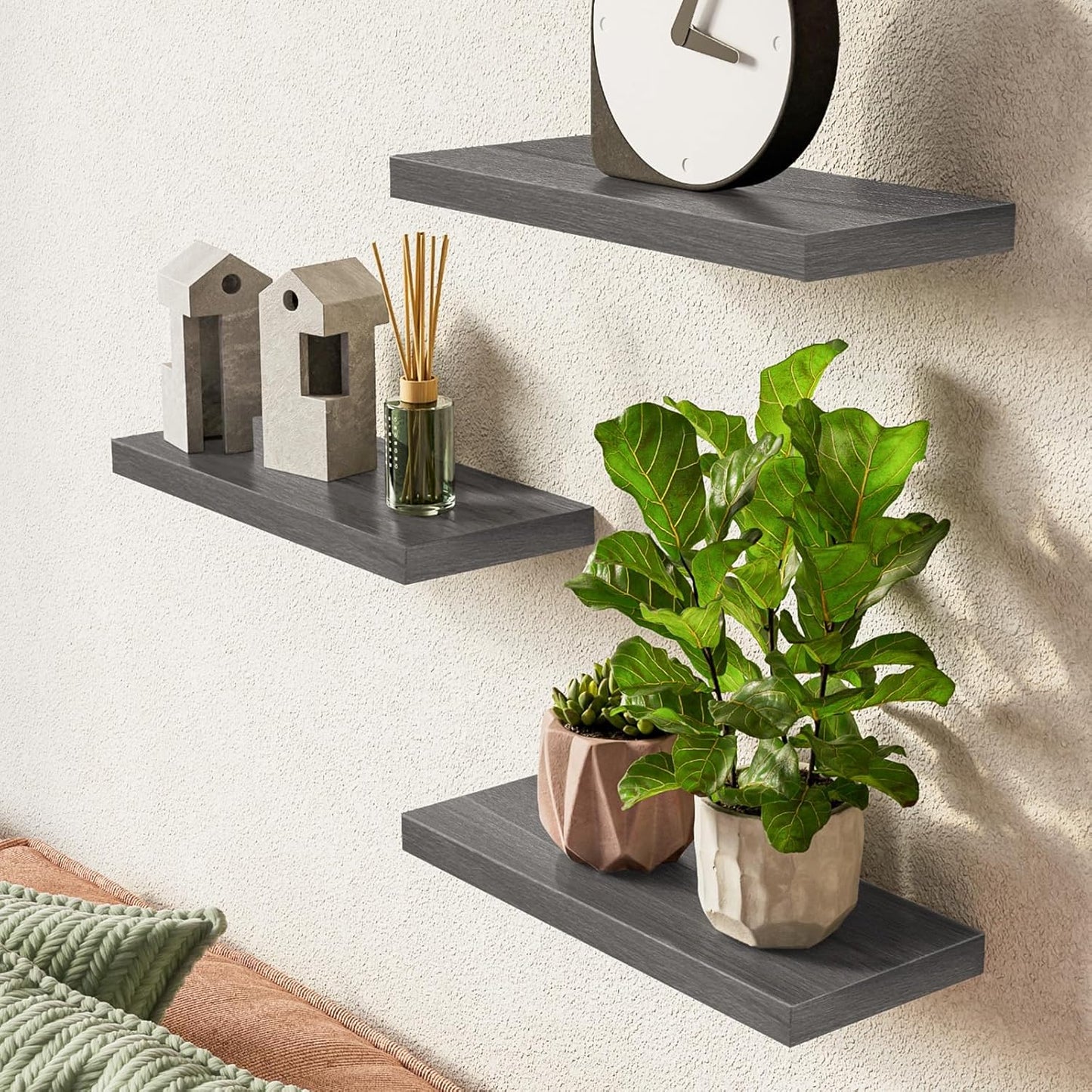 BAYKA Floating Shelves for Wall, 22.5 inches Wall Mounted Rustic Wood Shelves for Bathroom, Bedroom, Living Room, Floating Shelves for Books/Storage/Decor (Grey,Set of 3)