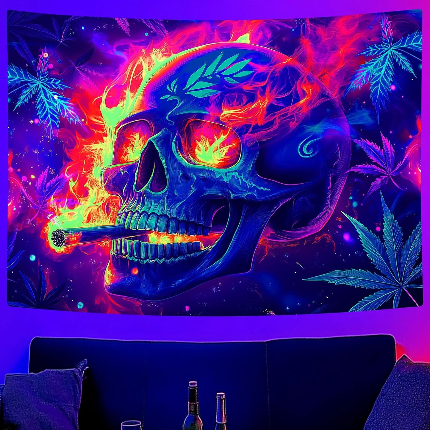 Blacklight Skeleton Tapestry, Glowing Skull UV Reactive Gothic Wall Hanging Tapestries, Glow in the Dark Grim Reaper Magic Horror Face Halloween Poster Tapestry for Bedroom Living Room Decor 60X40IN
