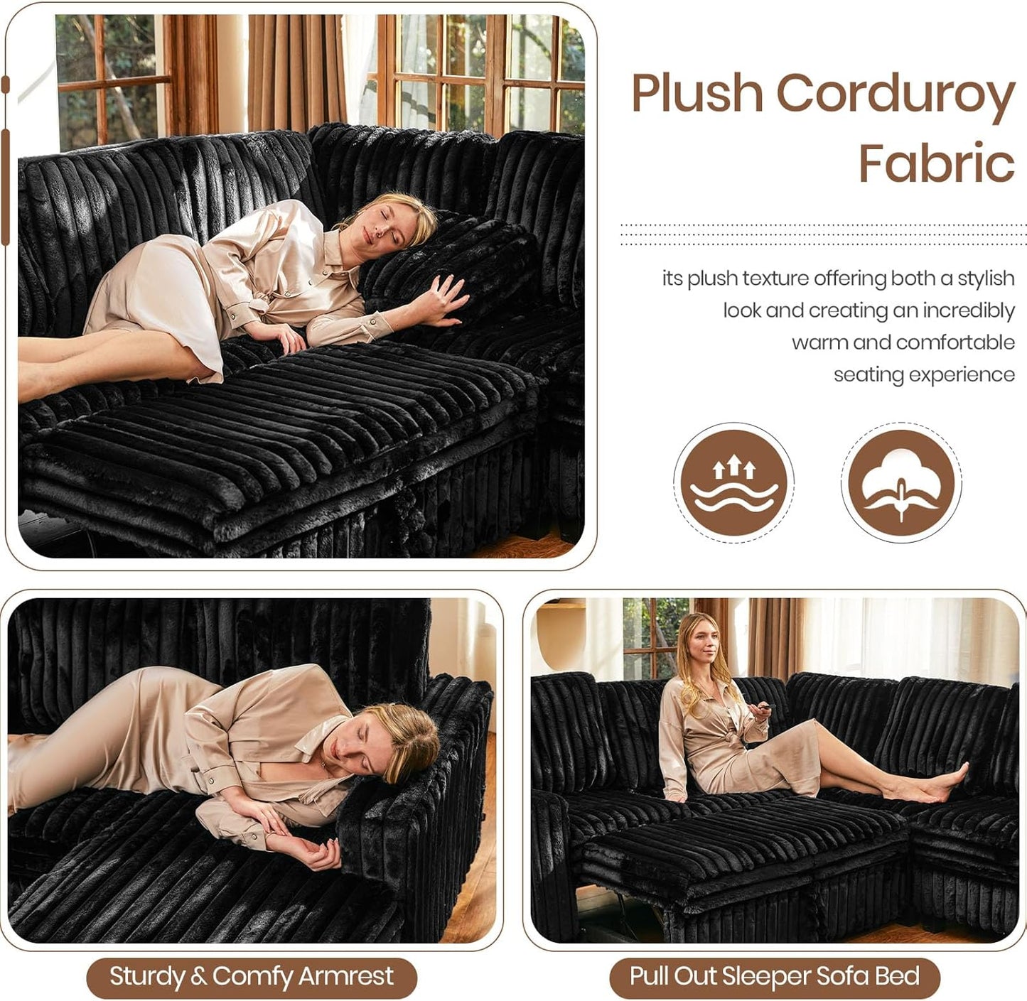 Belffin Modular Sectional Sleeper Sofa with Pull Out Couch Bed Corduroy Double Chaise with Storage Black Couch