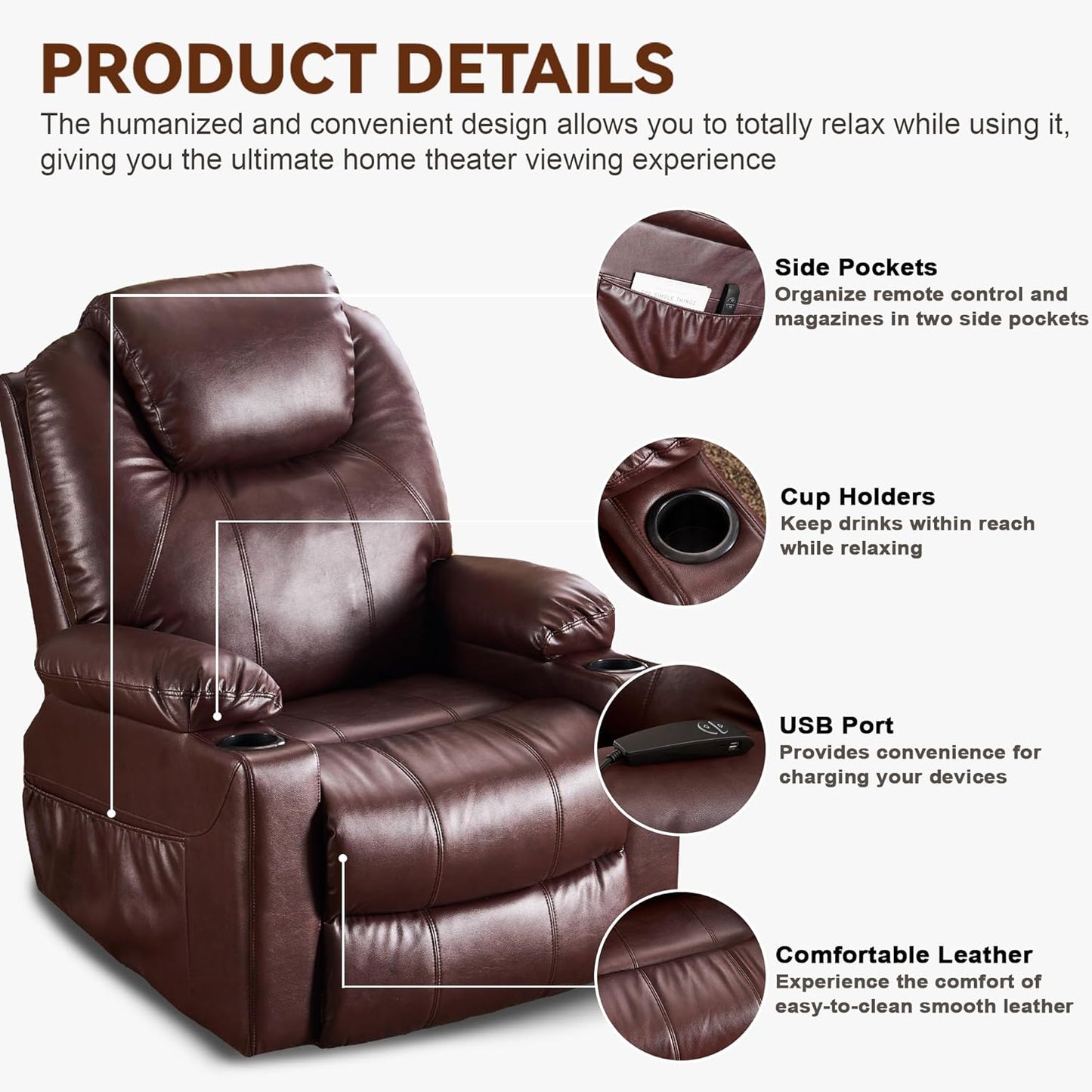 SALOHZA Power Lift Recliner Chair for Elderly with Massage and Heat for Living Room, Electric Recliner Chair for Adults with USB/Type C Port/Cup Holders, PU Faux Leather, Chocolate Brown
