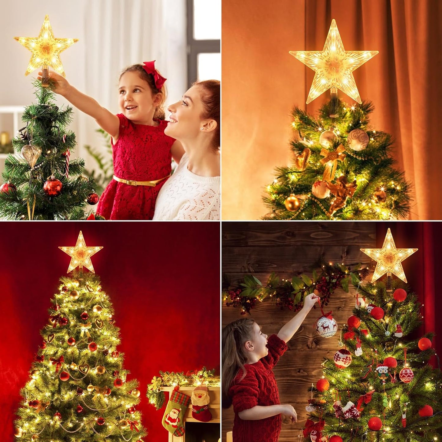 Christmas Tree Topper Lighted Star with Built-in 10 Replaceable Bulbs, 9.5” Clear Five-Pointed Star Tree Topper Plug in for Indoor Office Xmas New Year Holiday Tree Decoration, Warm White