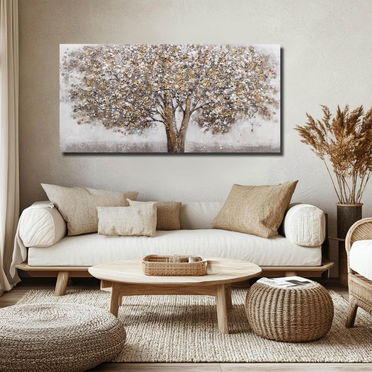 CHUDANHAO Grey Art Posters Big Tree Wall Decor Pictures for Office Gold and White Wall Art Botanical Painting for Living Room Kitchen 24x48 Inch