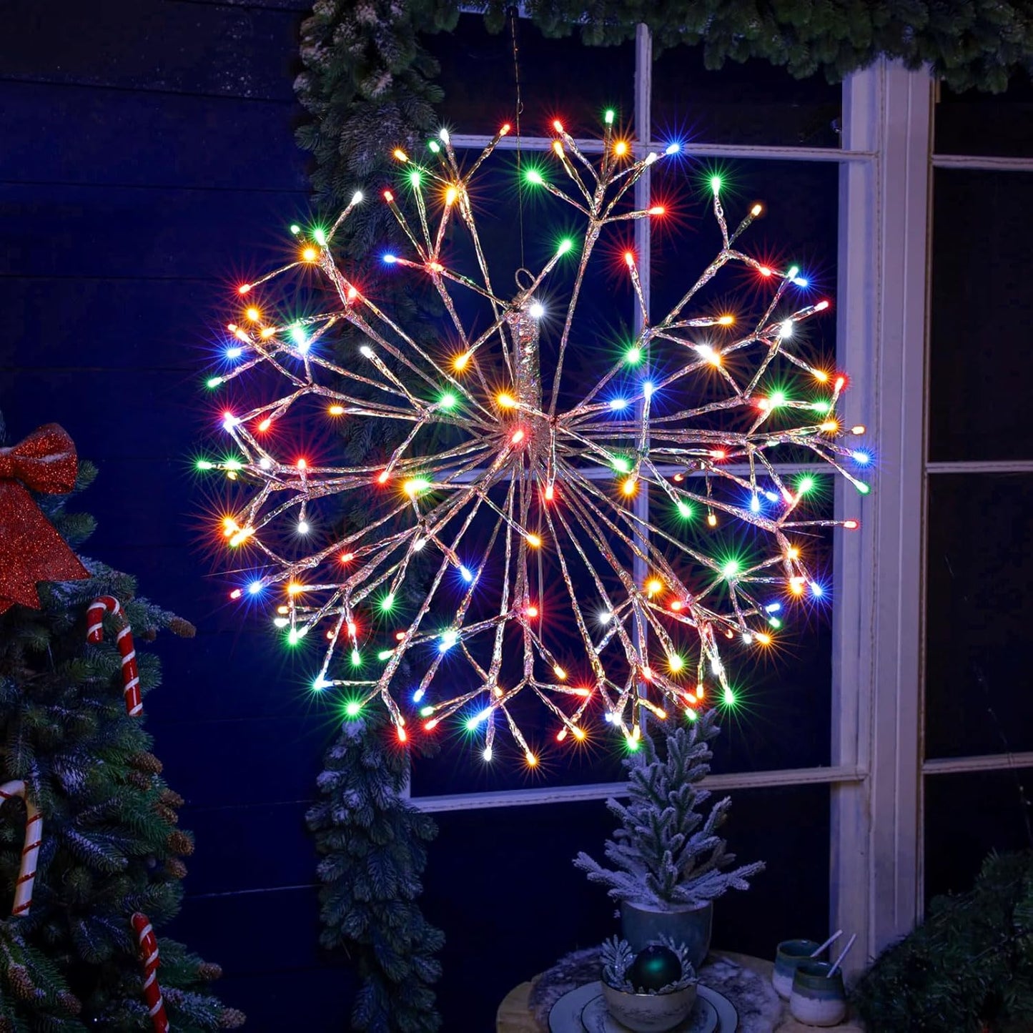 Christmas led Sparkle Ball Hanging Outdoor décorations -Haning Twig Ball,Snowflake Ornament Lights Indoor Outdoor Festive Holiday Décor 24Inch (Mutilcolor)
