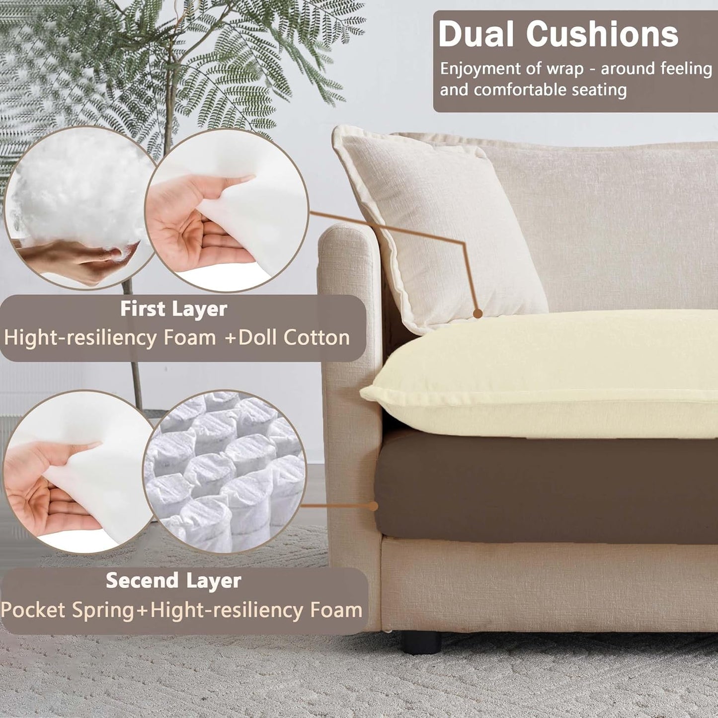 Sectional Sofa 4 Seater with Movable 1 Ottoman,Oversized Modular Couch Deep Seat (Light Coffee, 146.5 inch-L)