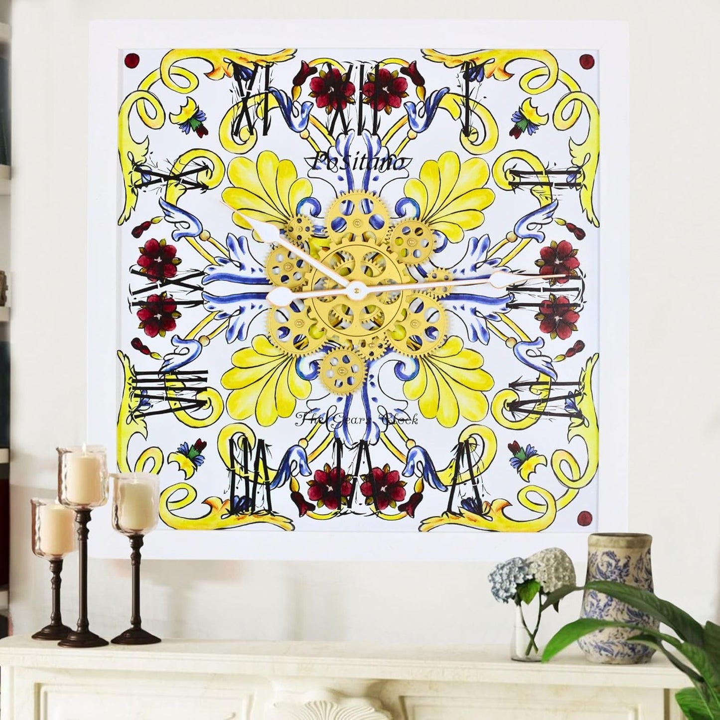 The Gears Clock Wall Clock Italy Collection with Moving Gears (Positano, 24 inches (60 cm))