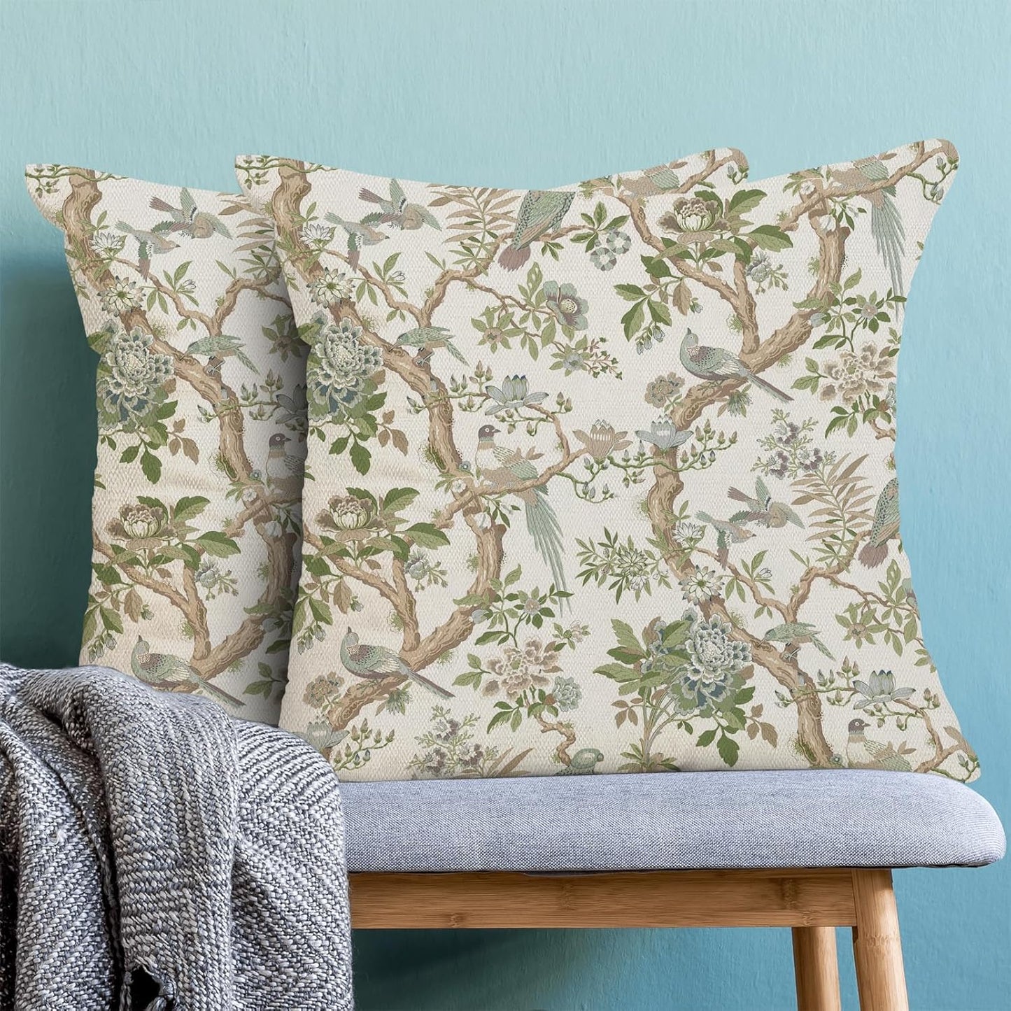 CXMEIFLY Chinoiserie Spring Pillow Covers 20 x 20 Inch Set of 2 for Sage Green Blue Vintage Flowers Bird Decor Throw Pillows Plant Farmhouse Outdoor Decorative Cushion Cases for Couch Bed Decorations