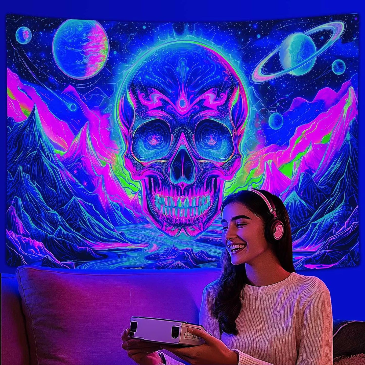 Blacklight Skull Tapestry, UV Reactive Gothic Skeleton Mountain Galaxy Planet Wall Hanging Tapestries, Glow in the Dark Horror Face Halloween Aesthetic Poster for Bedroom Living Room Decor 60X40IN