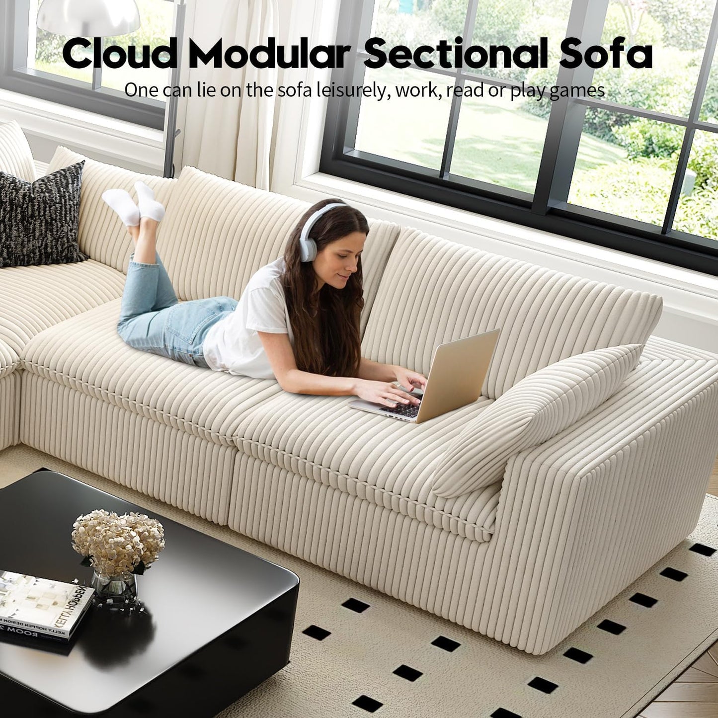 LoveSeat Cloud Couch Modular Sectional Sofa for Living Room,Modern Sofa with Deep Seat，2 Seater Boneless Couch with Ottoman,Comfy Upholstered Couches for Apartment, Studio, Office,Bedroom，White
