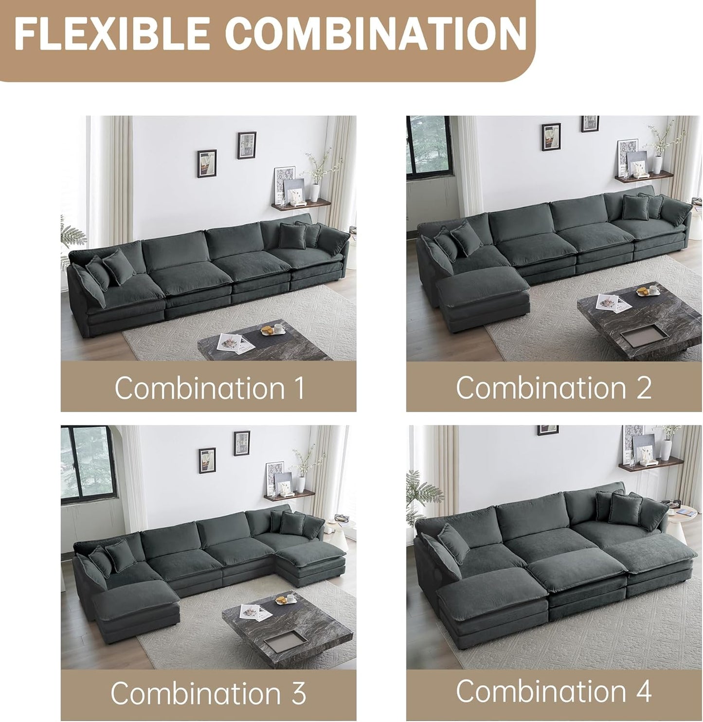 Sectional Sofa 4 Seater with Movable 1 Ottoman,Oversized Modular Couch Deep Seat (Grey, 146.5 inch-L)