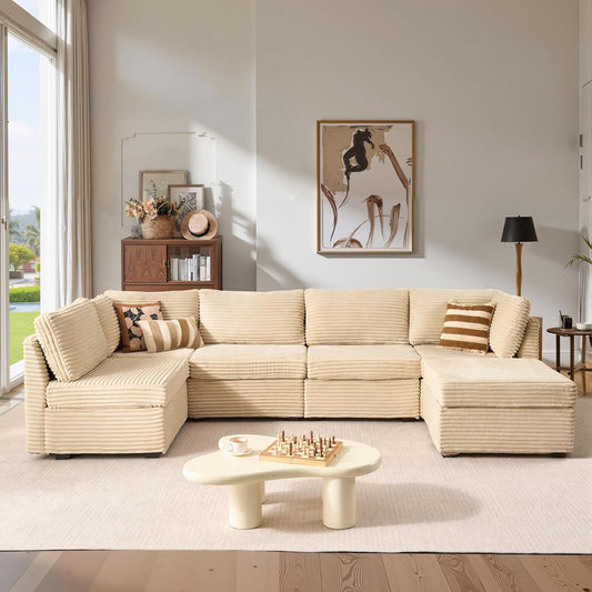 ovios Sectional Sofa Couch with U-Shape Chaise Sofa Bed, Comfy Modular Cloud Couches with Deep Seat, Modern Upholstered Plush Corduroy Sofas Set for Living Room, 6-Seater, Beige