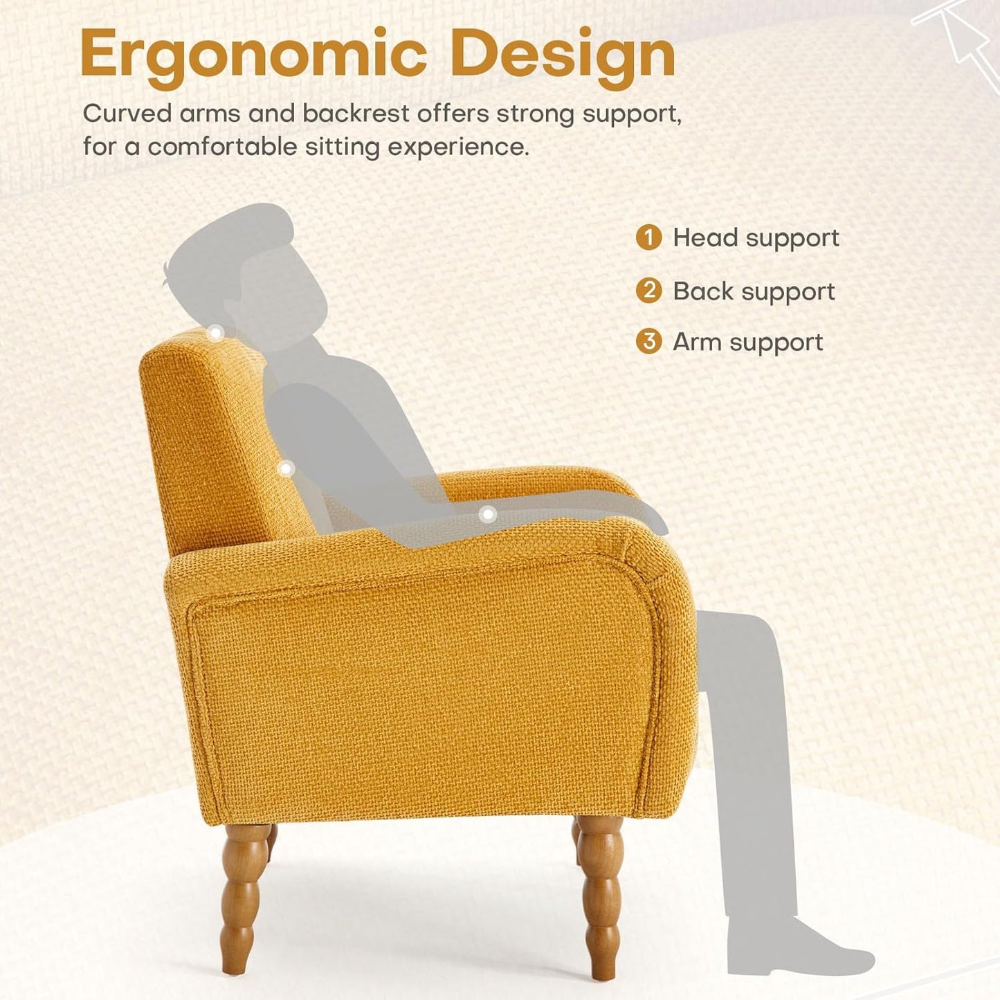 Chenille Fabric Accent Chair, Upholstered Armchair with Solid Wood Legs, Modern Living Room Accent Chair, Comfy Single Sofa Chair Reading Club Chair for Bedroom Reception Lounge, Yellow