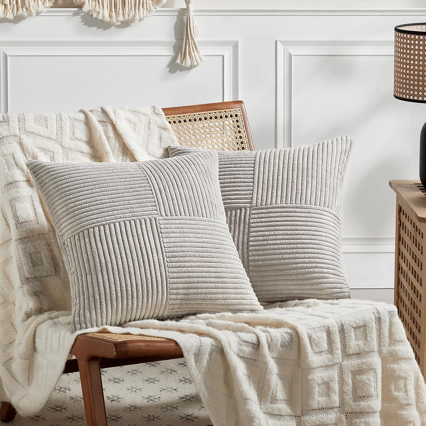 Fancy Homi 2 Packs Neutral Grey Decorative Throw Pillow Covers 16x16 Inch for Living Room Couch Bed, Rustic Farmhouse Boho Home Decor, Soft Corss Patchwork Corduroy Textured Square Cushion Case 40cm