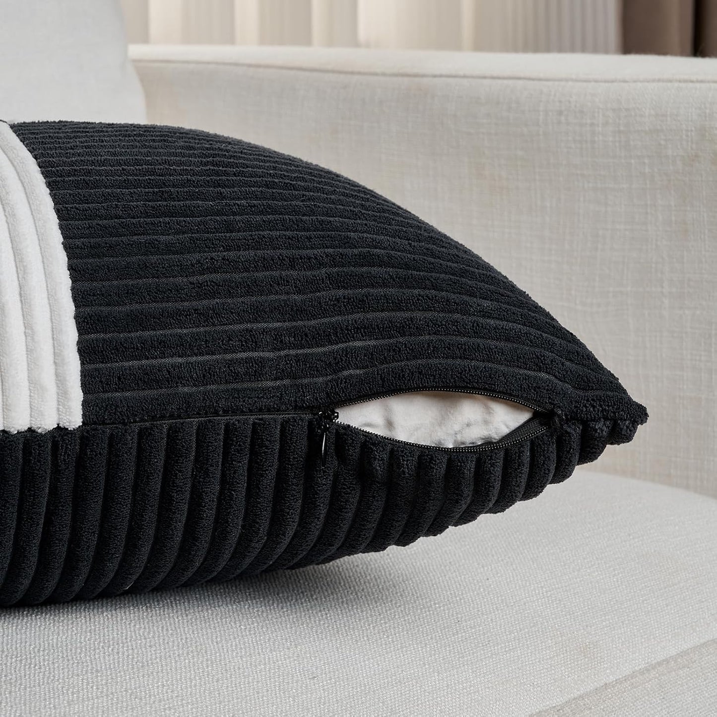 Fancy Homi Set of 2 Black White Decorative Throw Pillow Covers 20x20 Inch for Living Room Couch Bed Sofa, Farmhouse Boho Home Decor, Soft Cross Corduroy Patchwork Accent Square Cushion Case 50x50 cm