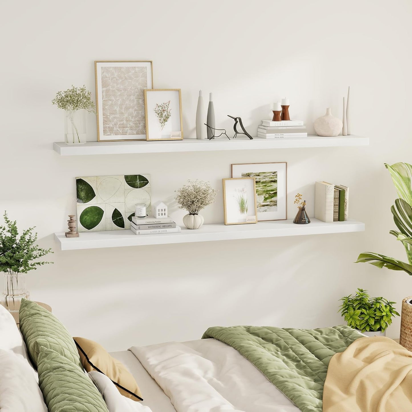 Fun Memories 72 Inch Floating Shelves for Wall 2 Pack Shelves for Bedroom|Kitchen|Bathroom 72 x 9.3 Inch Wood Floating Shelf with Invisible Brackets for Books|Storage|Decor, White