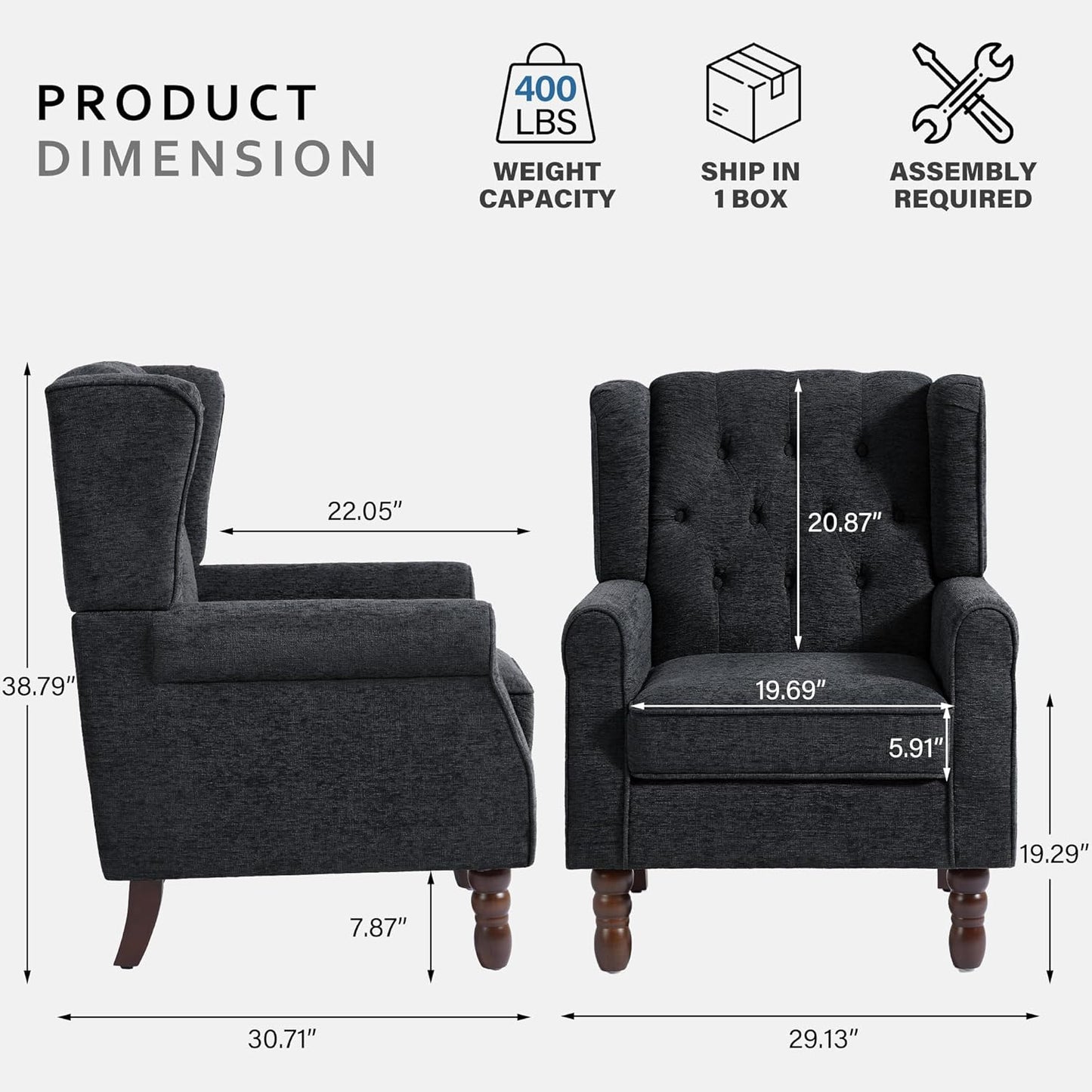 Lumibee High Back Accent Chair Set of 2,Upholstered Wingback Armchair with Solid Wood Legs for Small Spaces,Comfy Single Sofa Chair for Living Room,Bedroom,Office-Black Blue