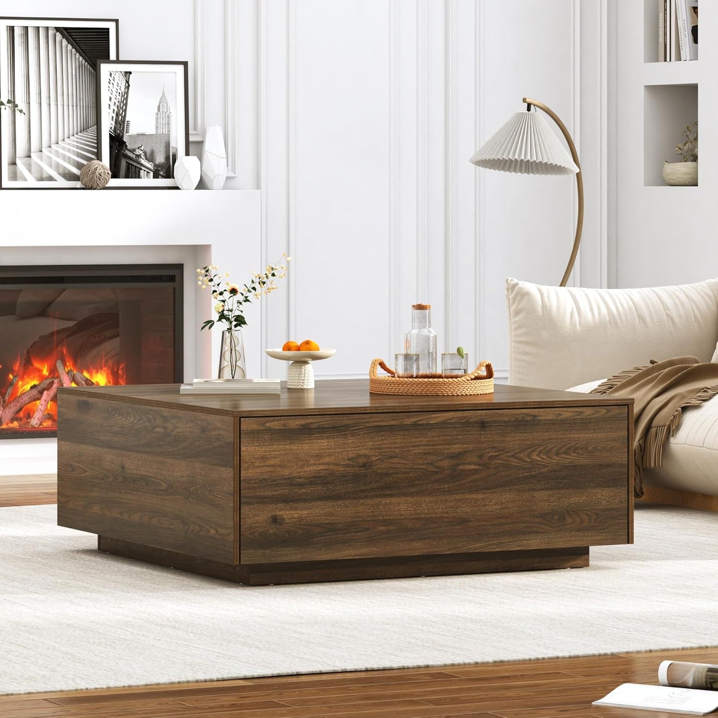 43” Square Coffee Table with Storage, Modern Large Square Center Table with 2 Drawers, Wood Coffee Table for Living Room, Walnut