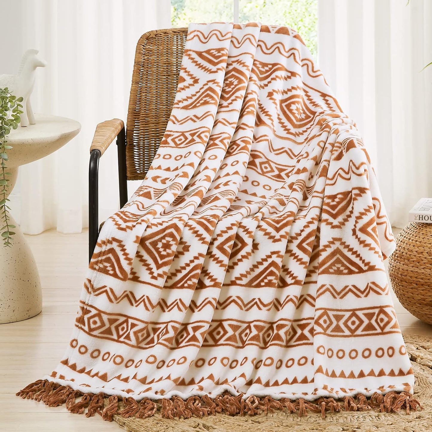 CASAAGUSTO Boho Throw Blanket - Terrcotta Decorative Blankets with Tassel, Printed Flannel Bohemian Blanket for Chair, Bed, Sofa, Couch(50 * 60, Terrcotta)