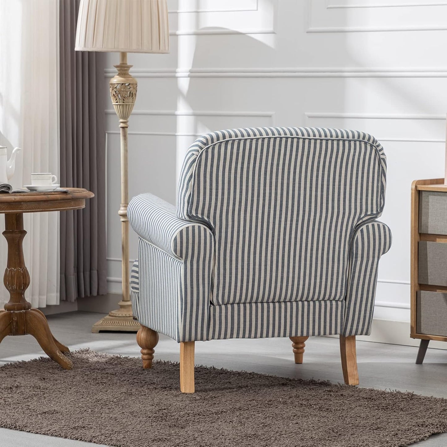 chairus Linen Accent Chair for Living Room Upholstered Mid Century Modern Single Sofa Chair with Solid Wood Legs Comfy Reading Chair Armchair for Bedroom/Office Room/Recption/Lounge, Blue Stripe