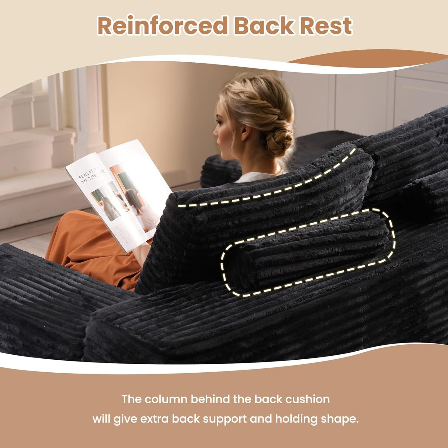 HOOOWOOO Cloud Sectional Couches for Living Room,Modular Sectional Sofa No Assembly,133X108 Inch Plush Corduroy Large U Shaped Floor Couch Set with Deep Seat Left Chaise(Black)