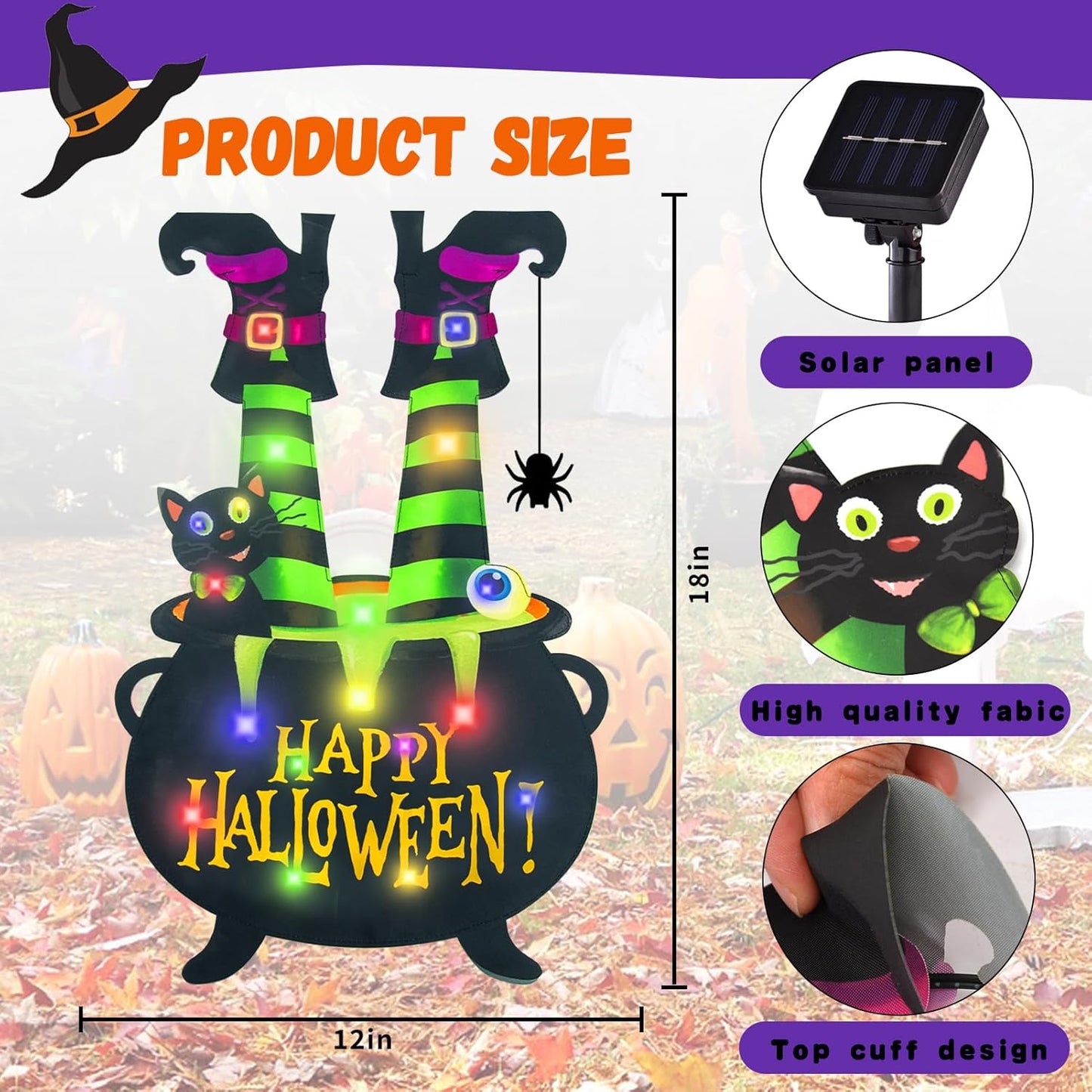 Halloween Lighted Garden Flag for Outside, Led Solar Yard Flag 8 Modes Witch Feet Shape Flag, 12x18 Double Sided Cauldron Eyeball Black Cat Decorations for Home Porch