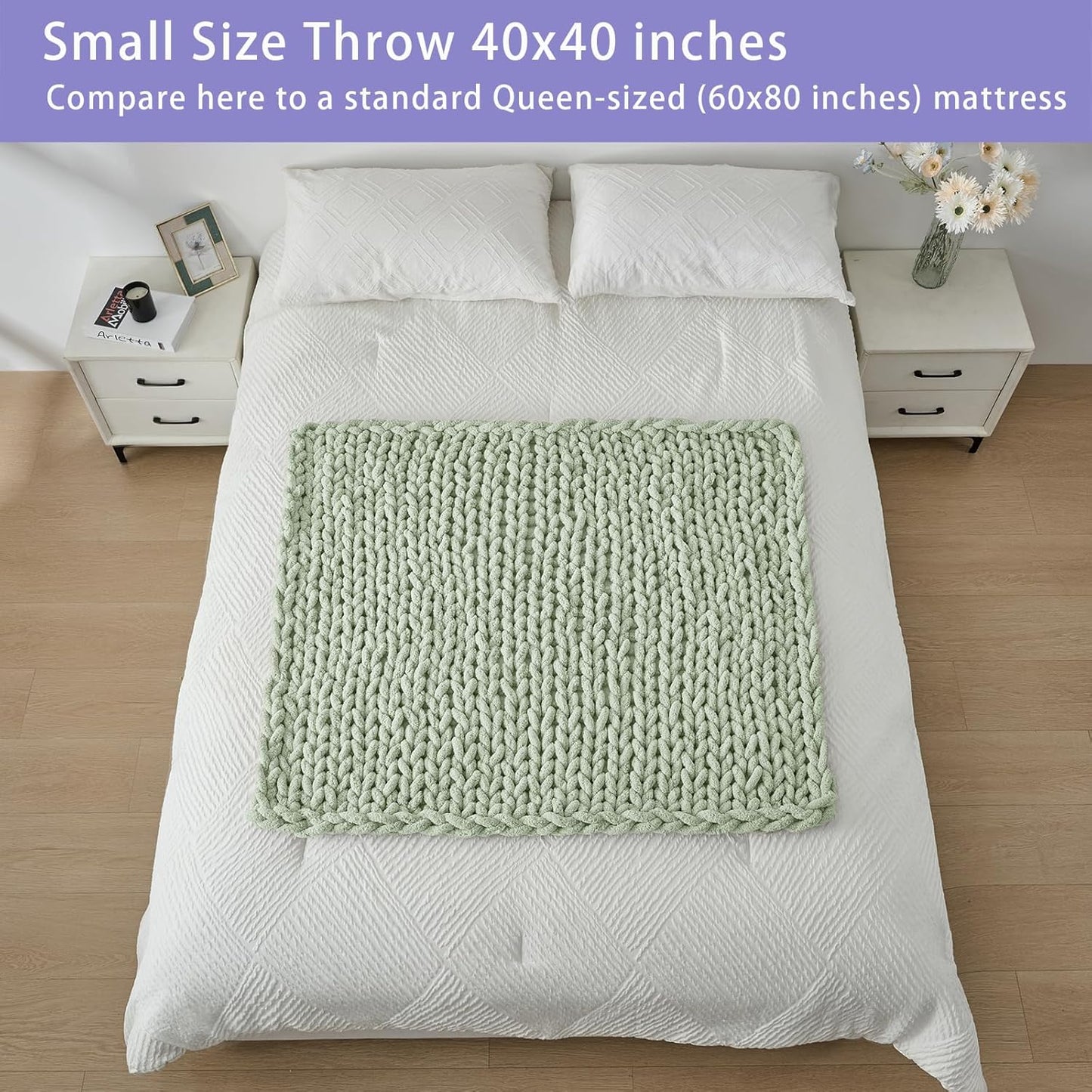 Bigacogo Chunky Knit Throw Blanket for Couch, 40x40 inches, 100% Hand Knitted with Thick Jumbo Chenille Yarn, Cozy Soft Large Rope Knot Cable Crochet Blankets for Sofa Bed Living Room, Sage Green
