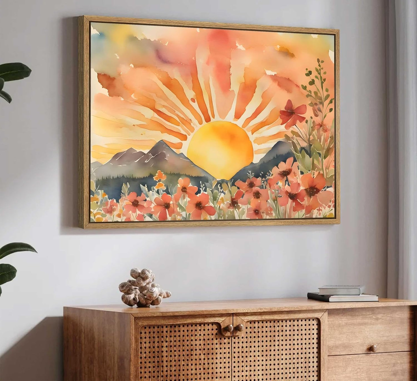 Framed Boho Sun Canvas Wall art Mid-Century Modern Abstract Bohemian Sunset in The Mountains Watercolor Wildflowers Sunrise Landscape Picture Wall Decor Poster Print Artwork for Living Room