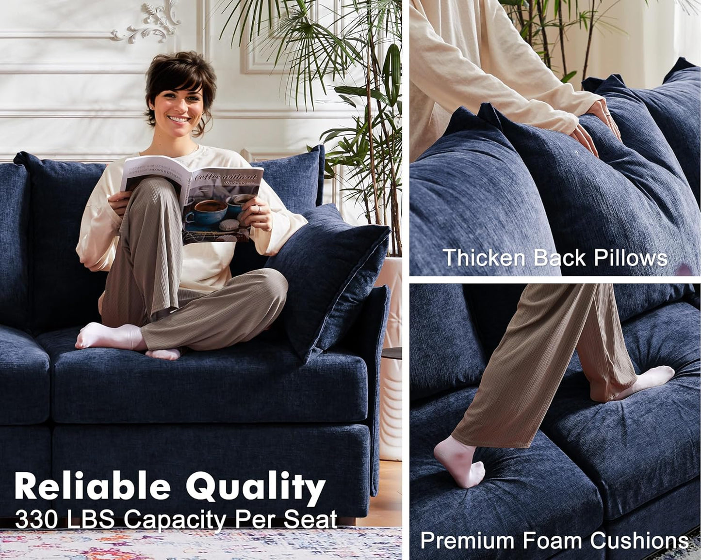 Oversized Loveseat Sofa, Modern Modular Sectional Couch Blue Fluffy Chenille Mid Century 2-Seat 24.5" Deep Seat for Apartment, Living Room, Bedroom