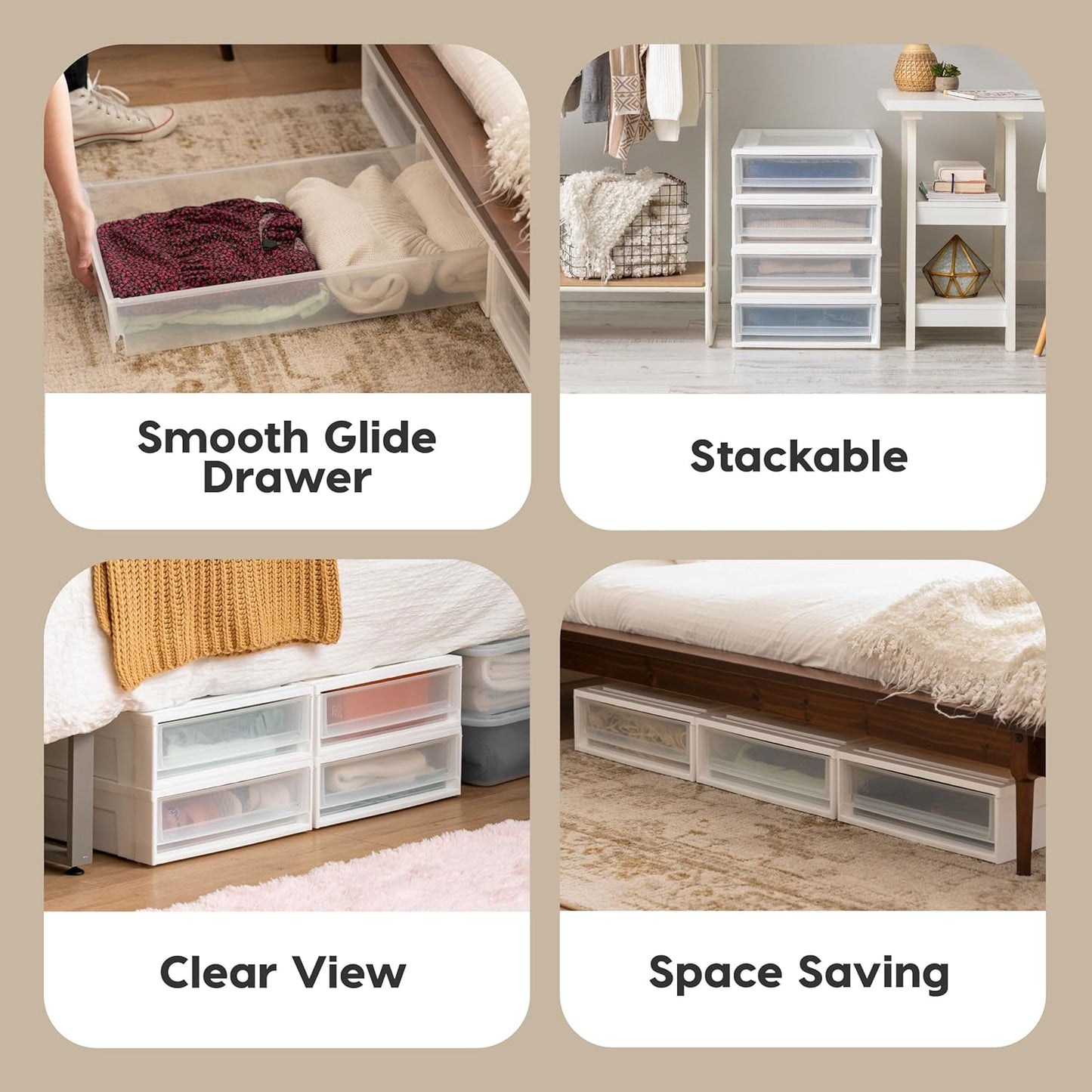 IRIS USA 27 Qt. Plastic Under Bed Storage Stackable Organizer Bin Container with Sliding Organizer Drawers, 4-Pack, Multi-Purpose for Clothes Shoes Clothing Bedding, White